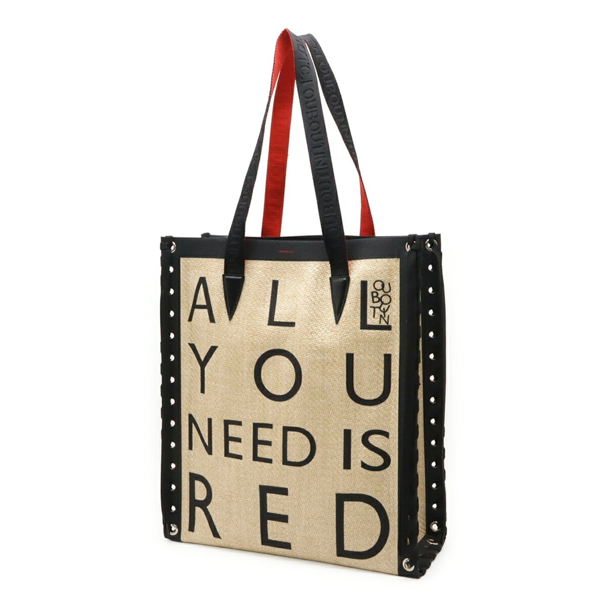 Christian Louboutin Beige Black Red Color Raffia Canvas Leather Shoulder Bag Tote Bag (Pre-Owned)