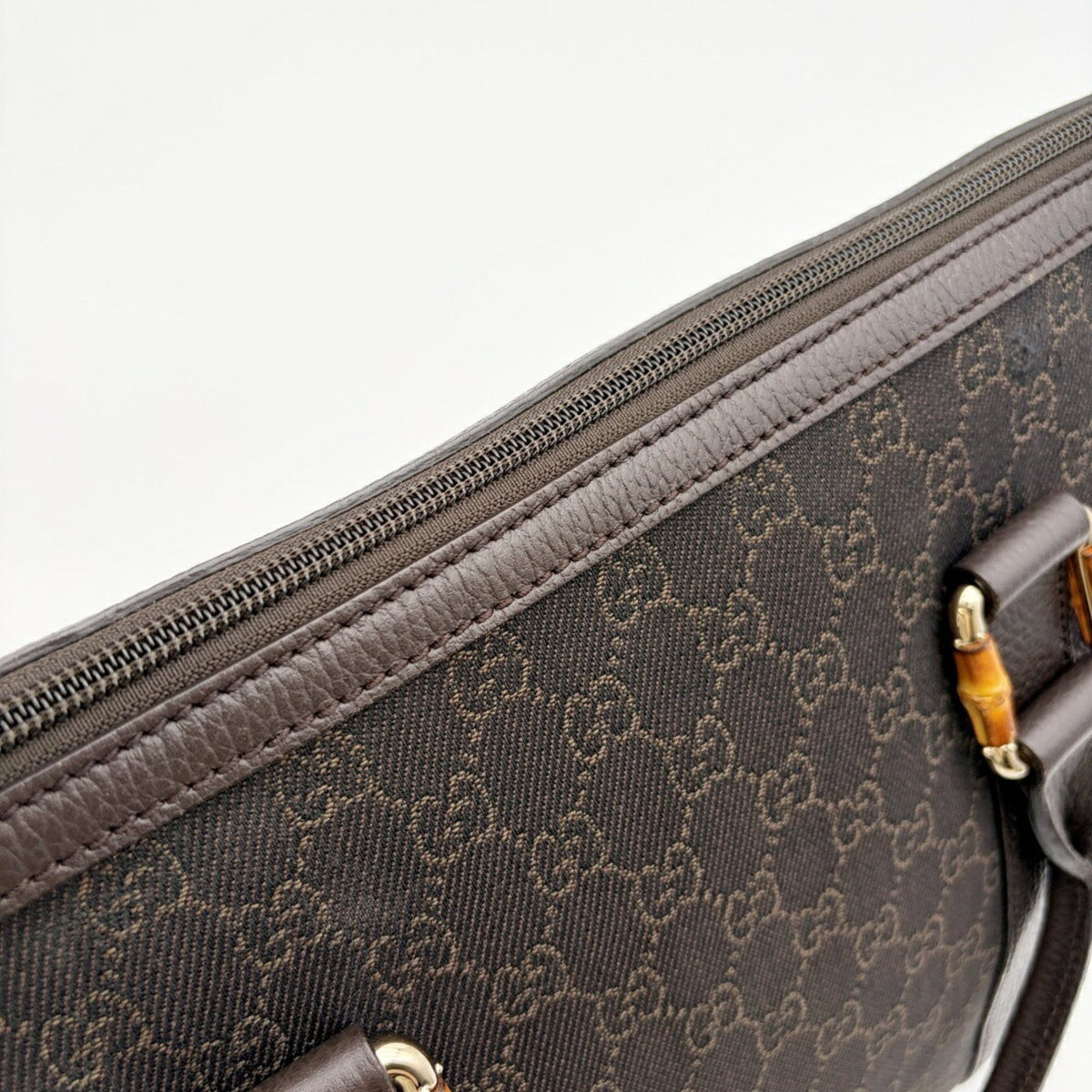Gucci Dark Brown Canvas Bamboo Leather Tote Bag (Pre-Owned)