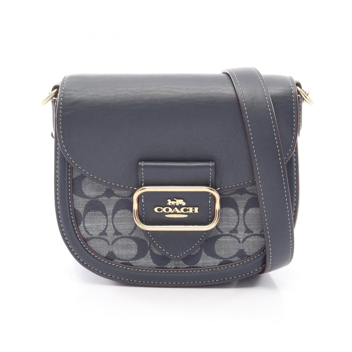 Coach Navy Leather Canvas Handbag Saddle Bag Shoulder Bag (Pre-Owned)