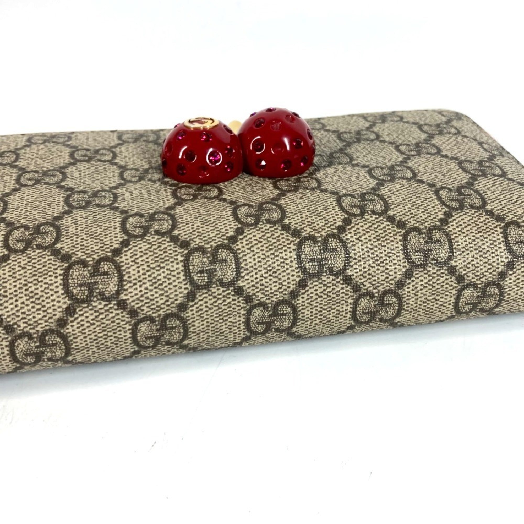 Gucci Gg Supreme Beige Red Color Gg Supreme Leather Long Wallet (Bi-Fold) (Pre-Owned)