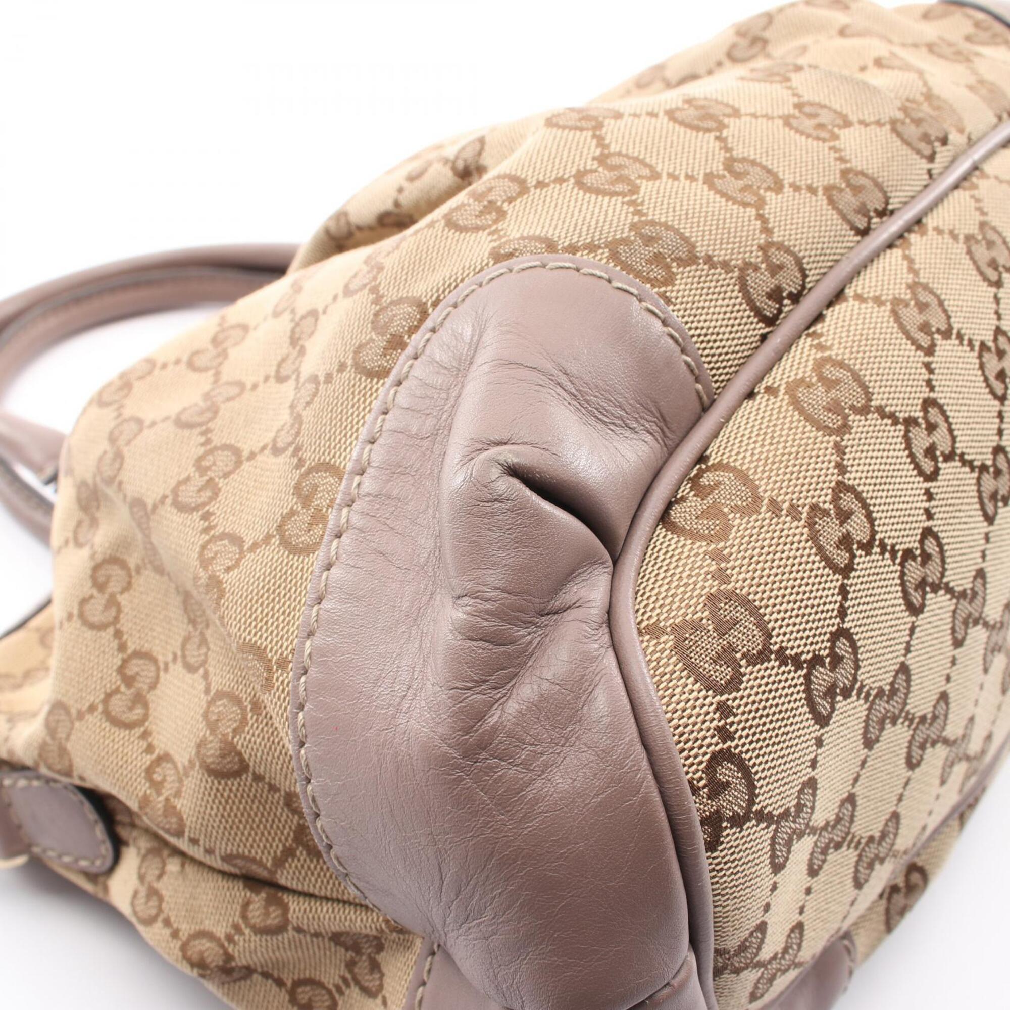 Gucci Beige Gray Canvas Leather Handbag (Pre-Owned)