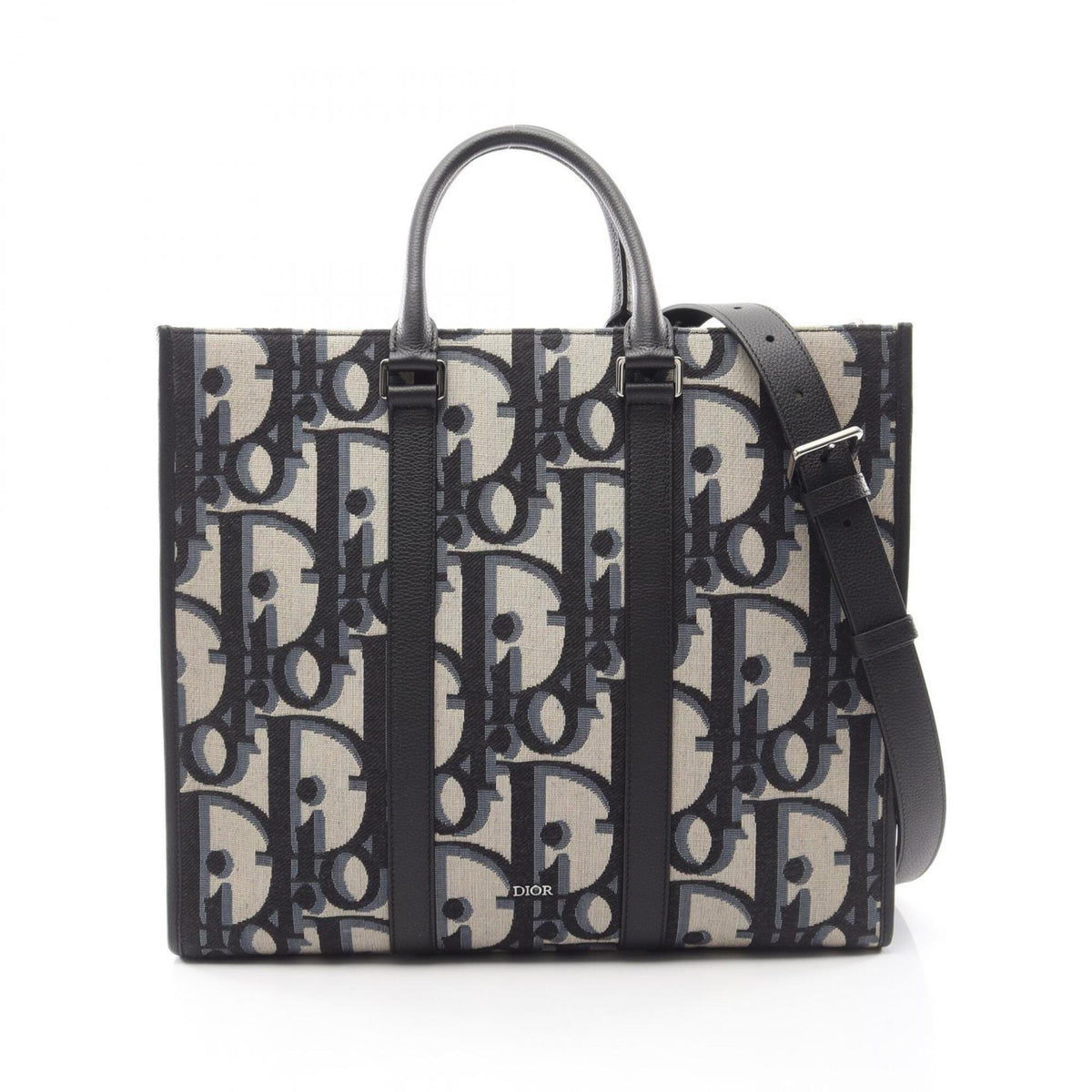 Christian Dior Beige Black Navy Canvas Leather Handbag Tote Bag (Pre-Owned)