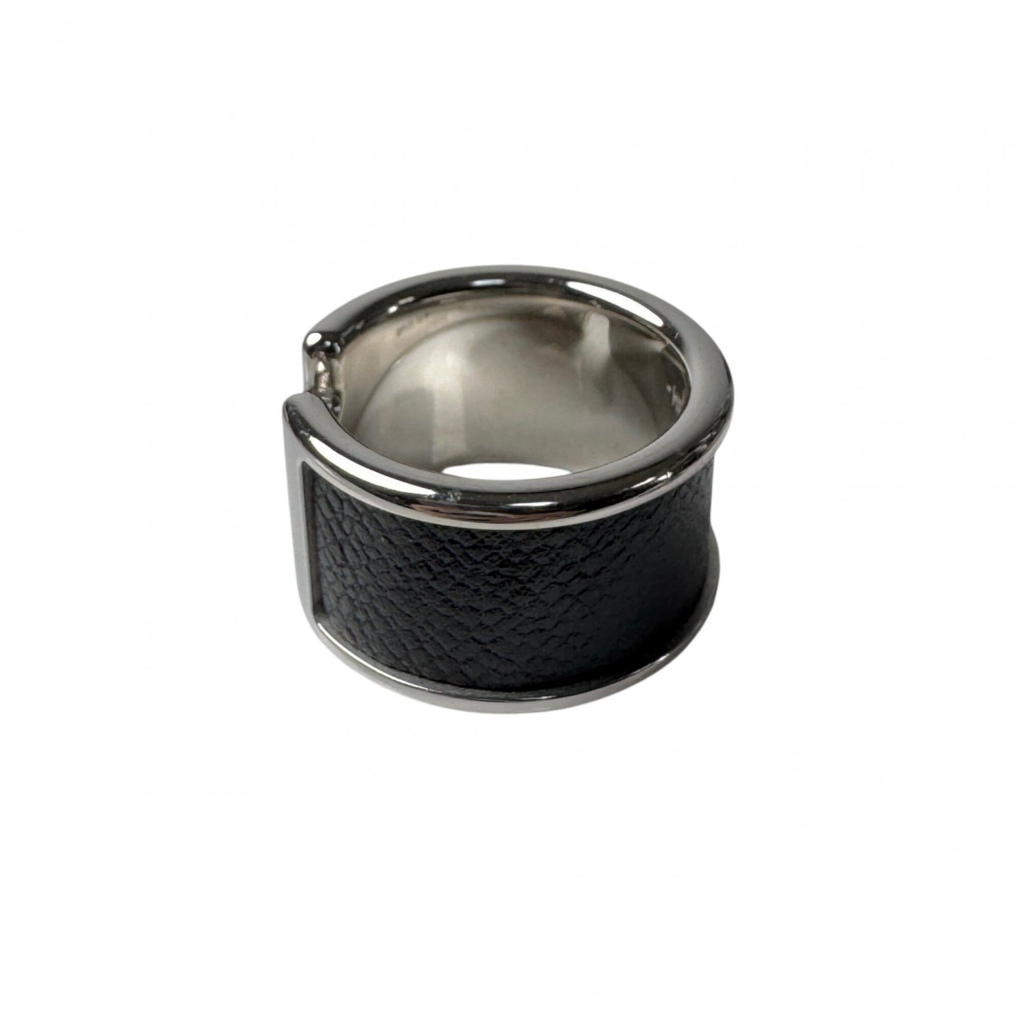Hermes Silver Black Leather Metal Band Ring (Pre-Owned)