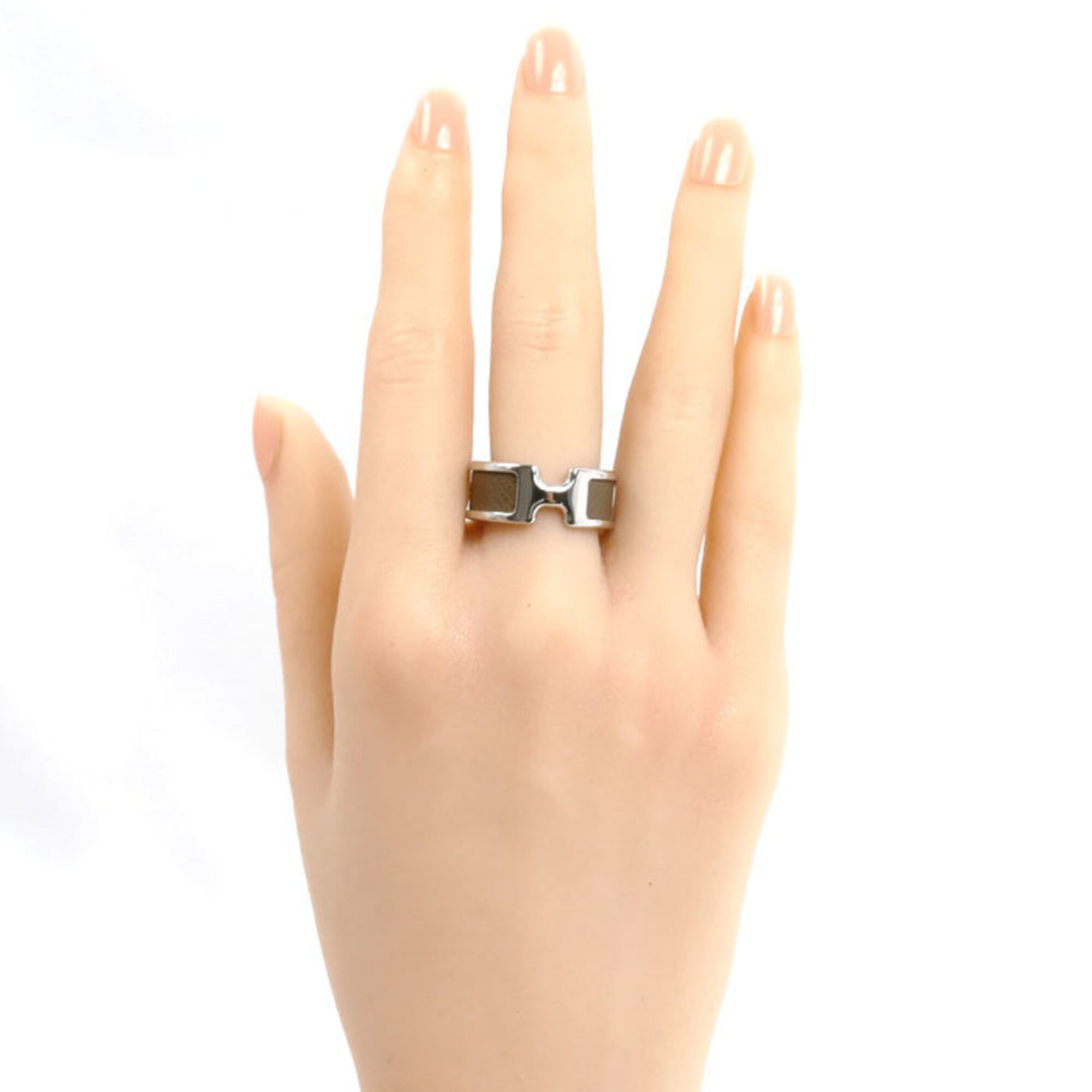 Hermes Silver Etoupe Gray Gold Plating Leather Band Ring (Pre-Owned)