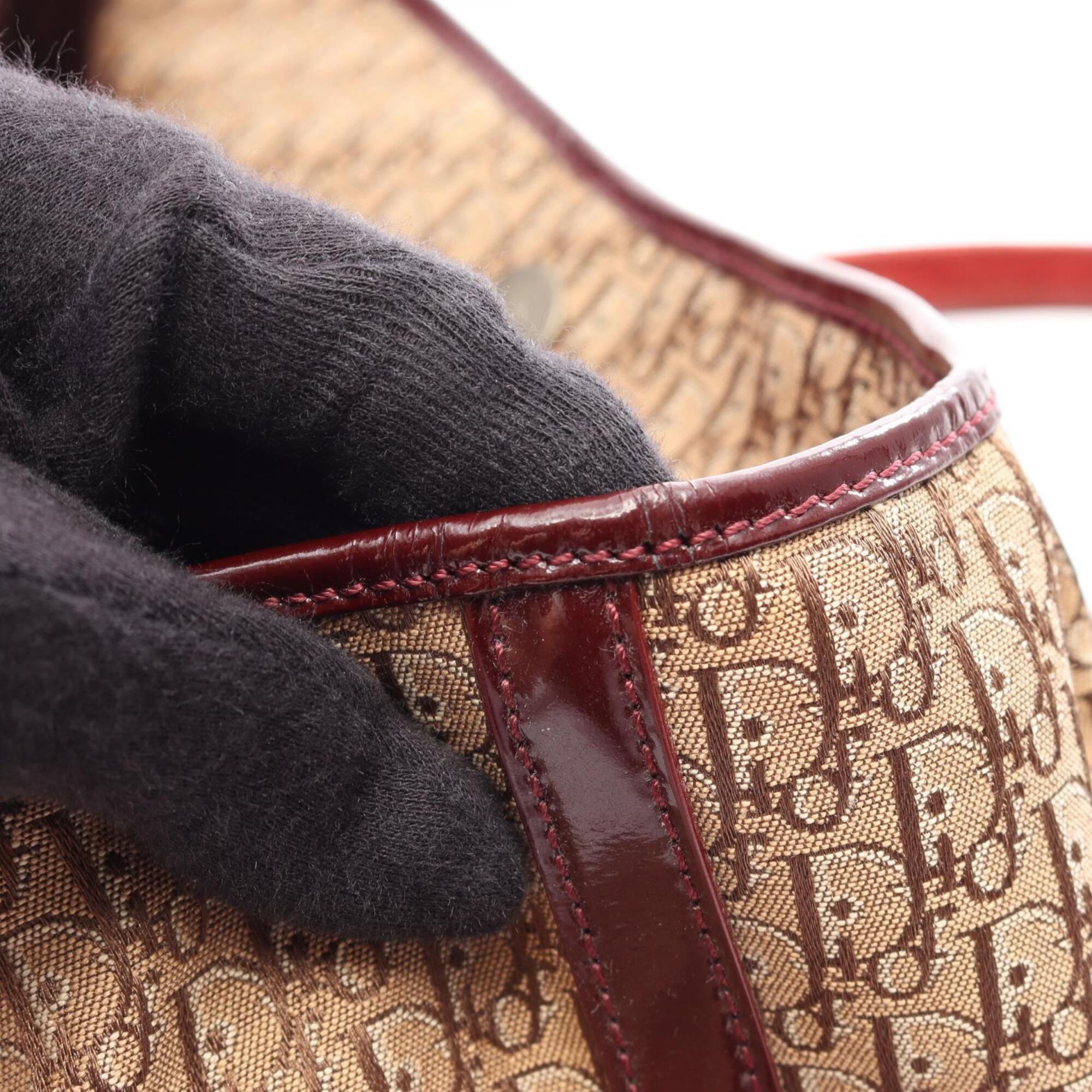 Christian Dior Beige Bordeaux Canvas Patent Leather Suede Handbag Tote Bag (Pre-Owned)