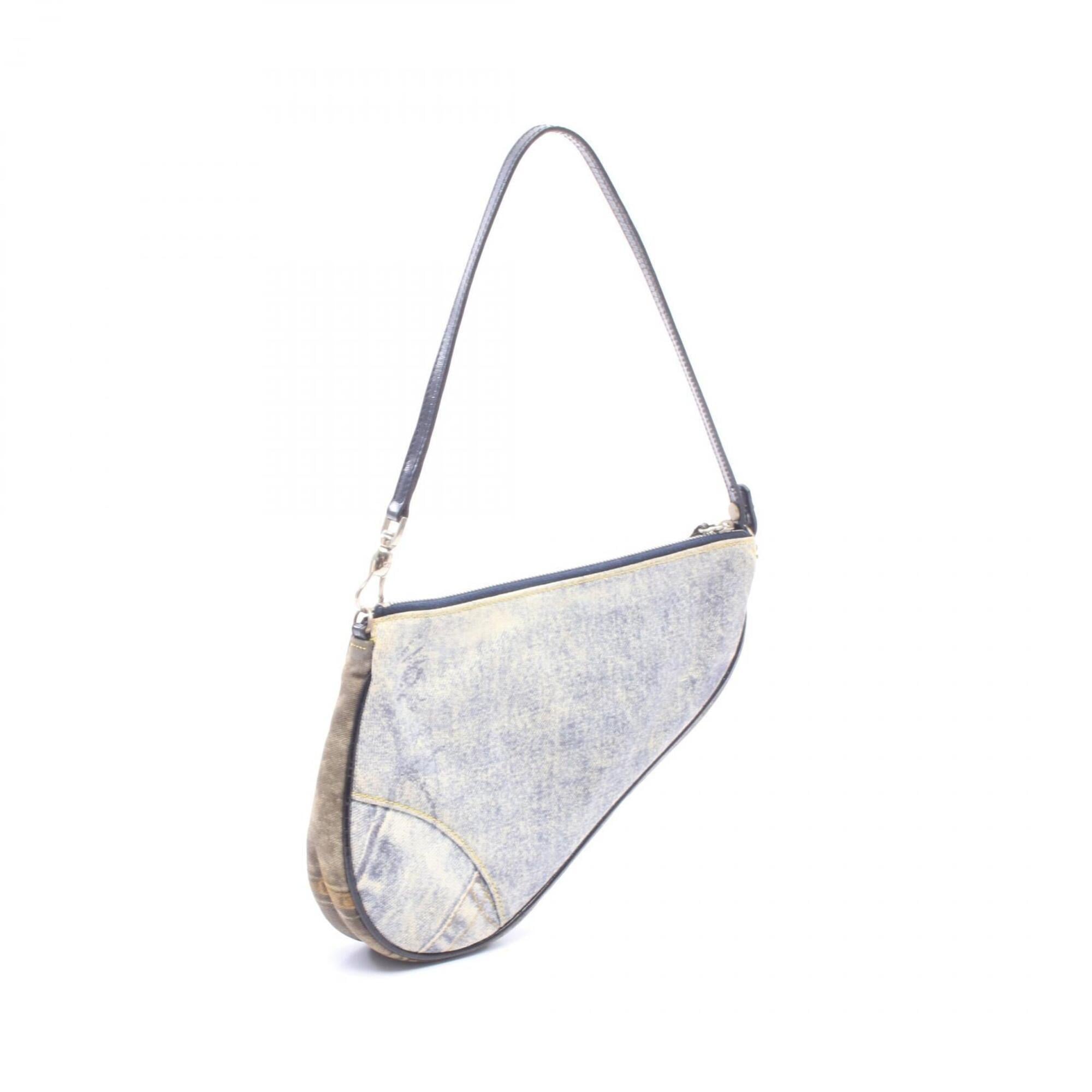 Christian Dior Gray Multi-Color Navy Canvas Leather Handbag Saddle Bag (Pre-Owned)