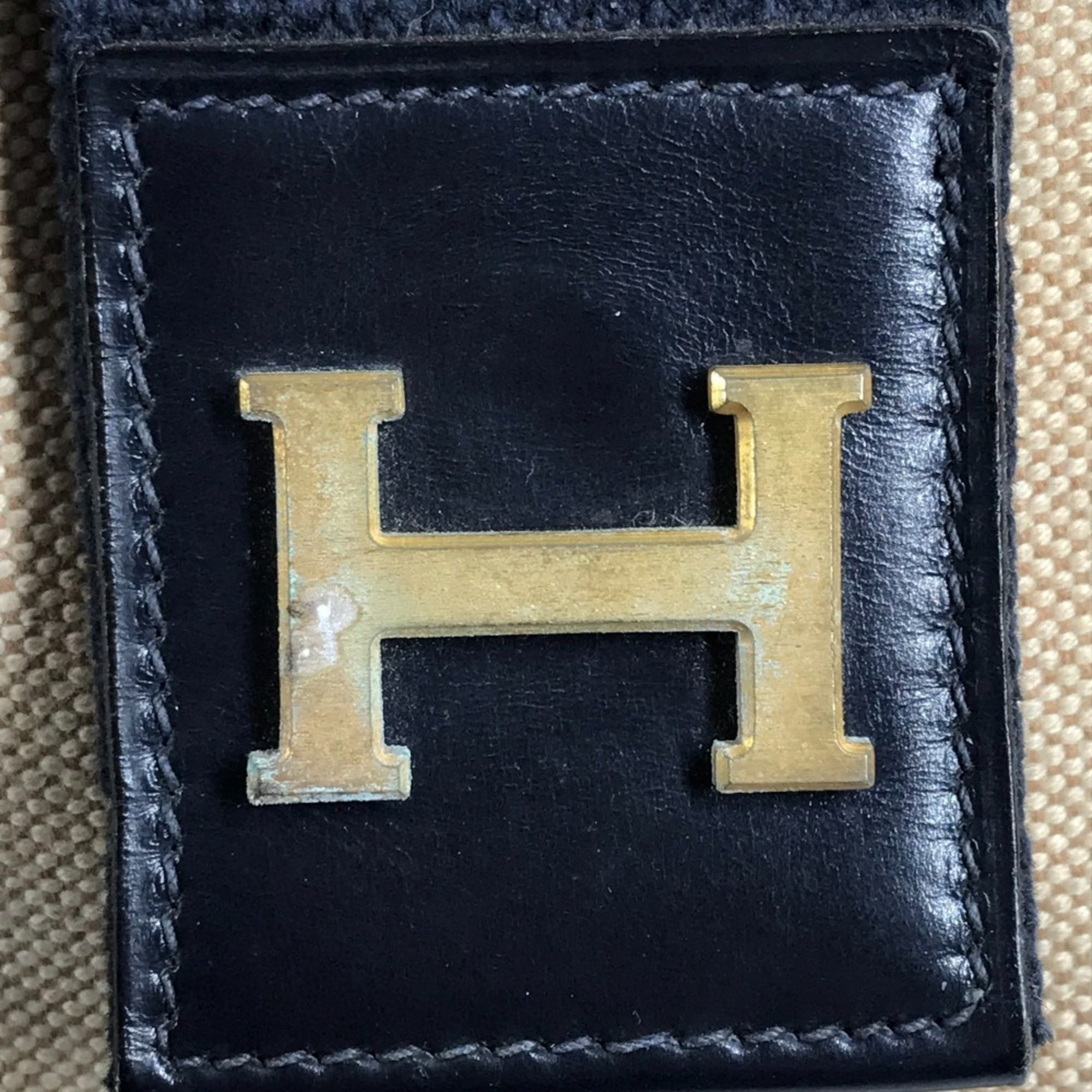 Hermes Beige Navy Leather Canvas Shoulder Bag (Pre-Owned)