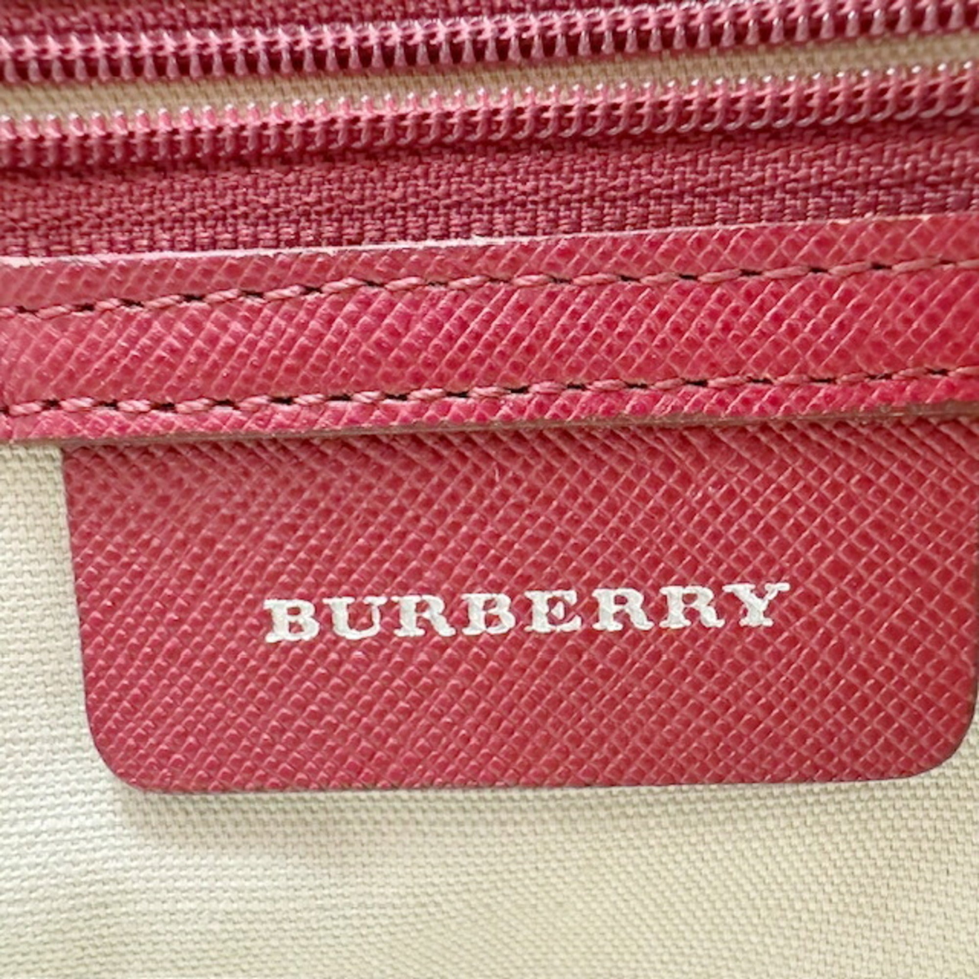 Burberry Beige Red Color Leather Canvas Handbag (Pre-Owned)