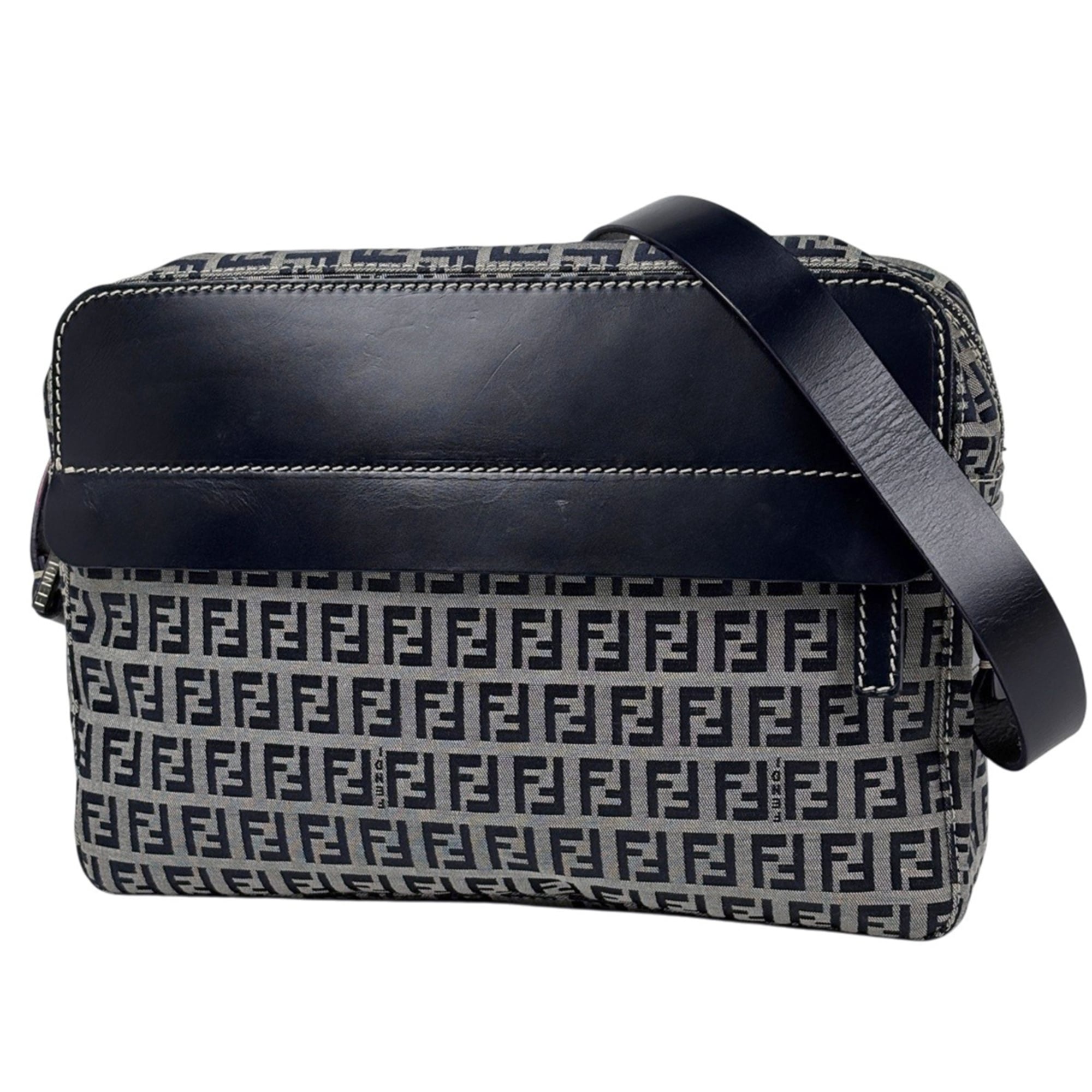 Fendi Navy Leather Canvas Shoulder Bag (Pre-Owned)