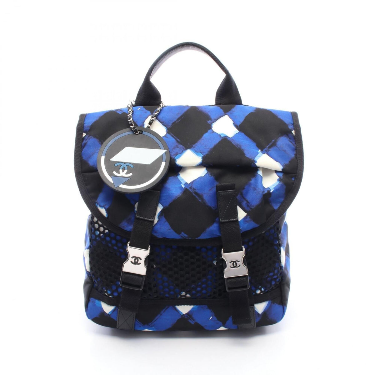 Chanel Black Blue White Nylon Leather Backpack Handbag (Pre-Owned)