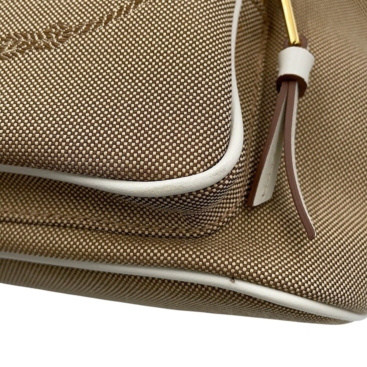 Prada Brown White Canvas Leather Handbag (Pre-Owned)