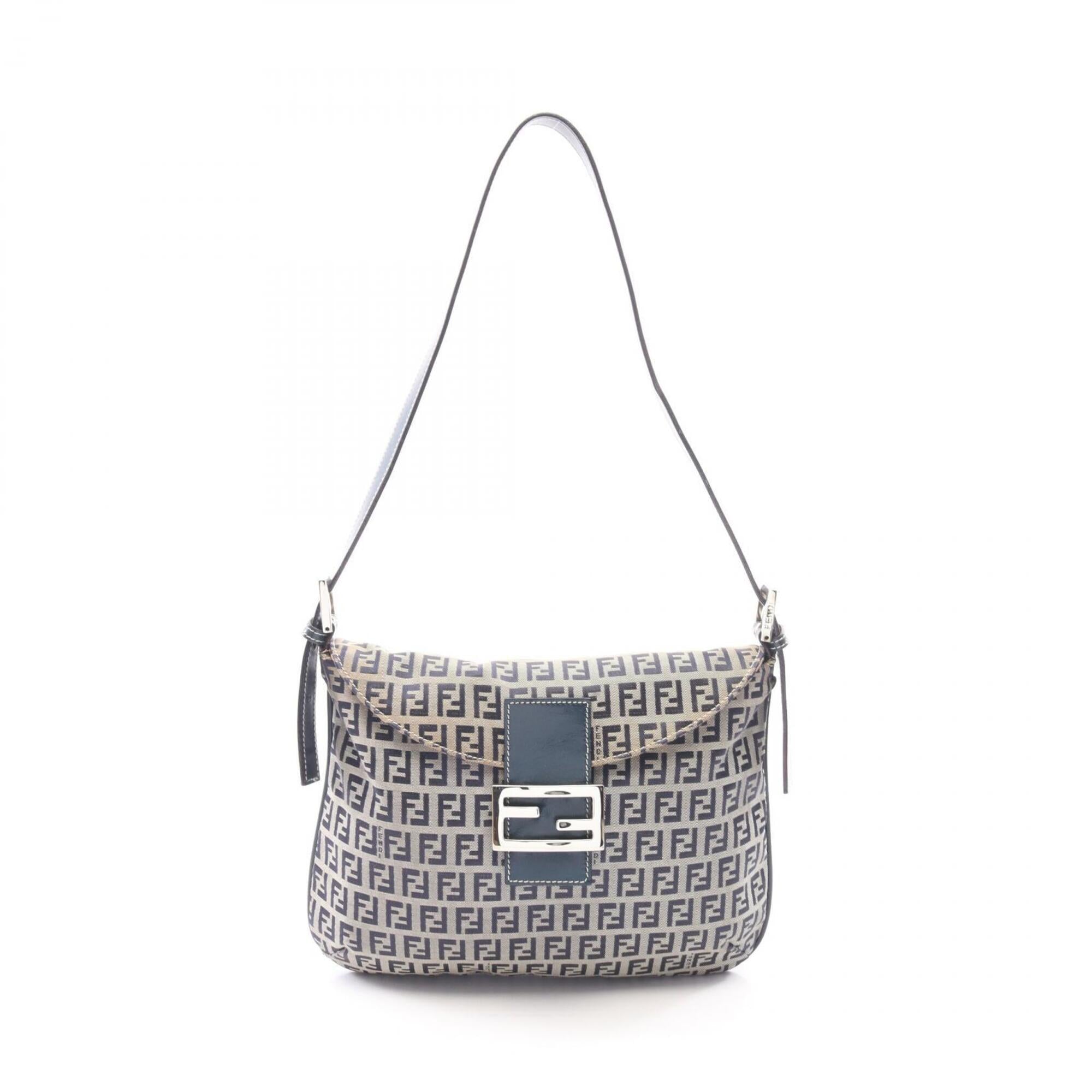 Fendi Zucchino Gray Navy Canvas Leather Handbag Shoulder Bag (Pre-Owned)