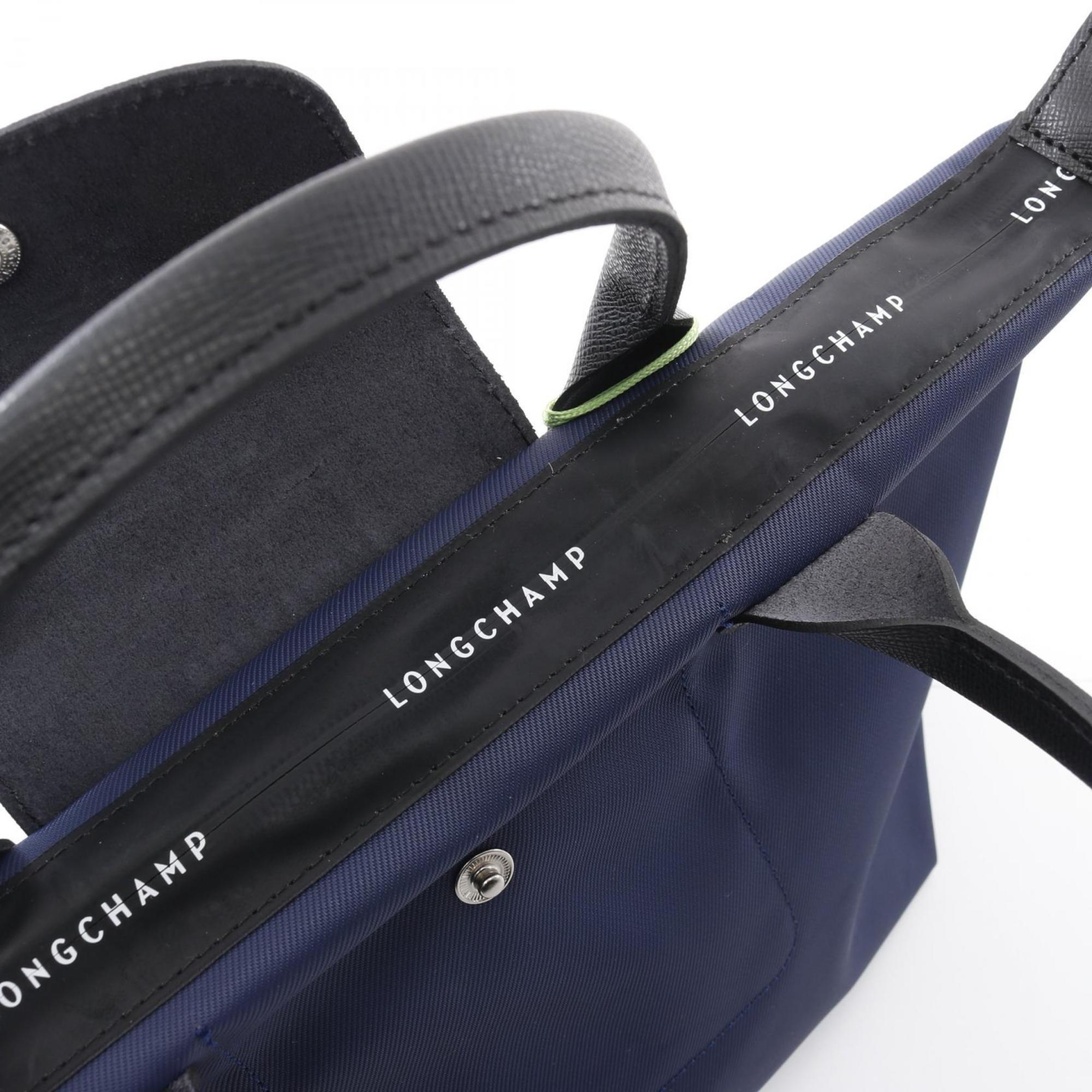 Longchamp Black Navy Canvas Leather Tote Bag (Pre-Owned)