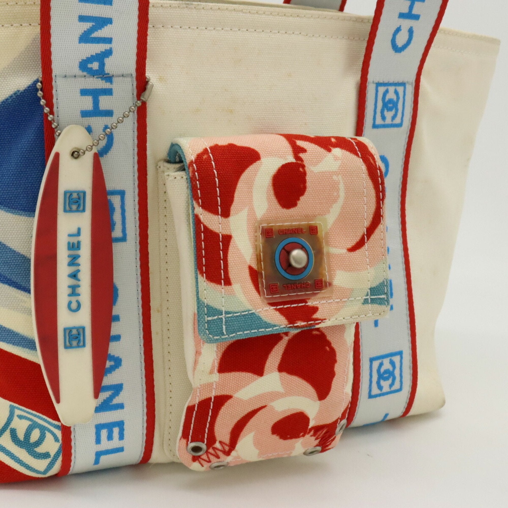 Chanel Ivory Light Blue Red Color Canvas Shoulder Bag Tote Bag (Pre-Owned)