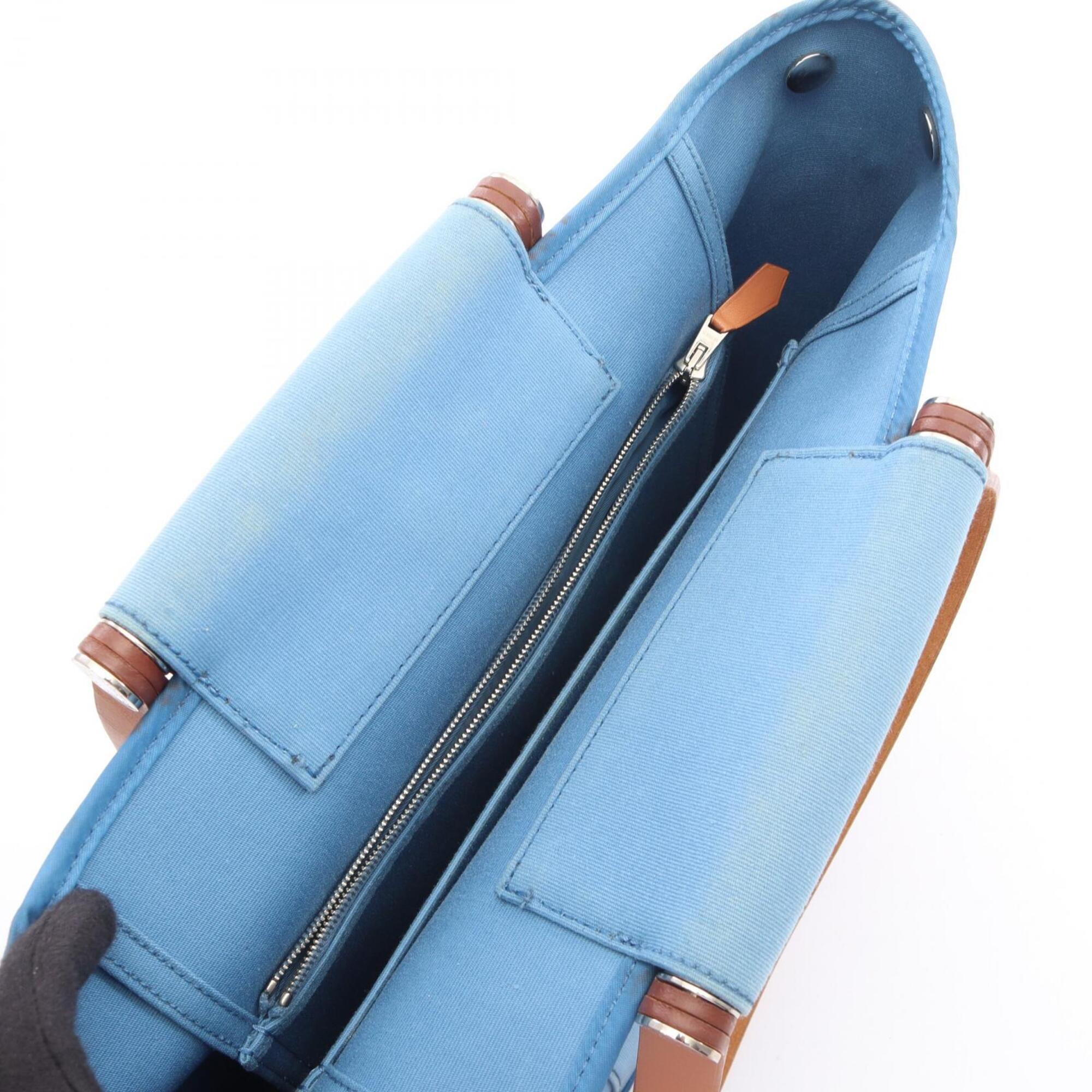 Hermes Blue Brown Toile Officier Leather Handbag Tote Bag (Pre-Owned)
