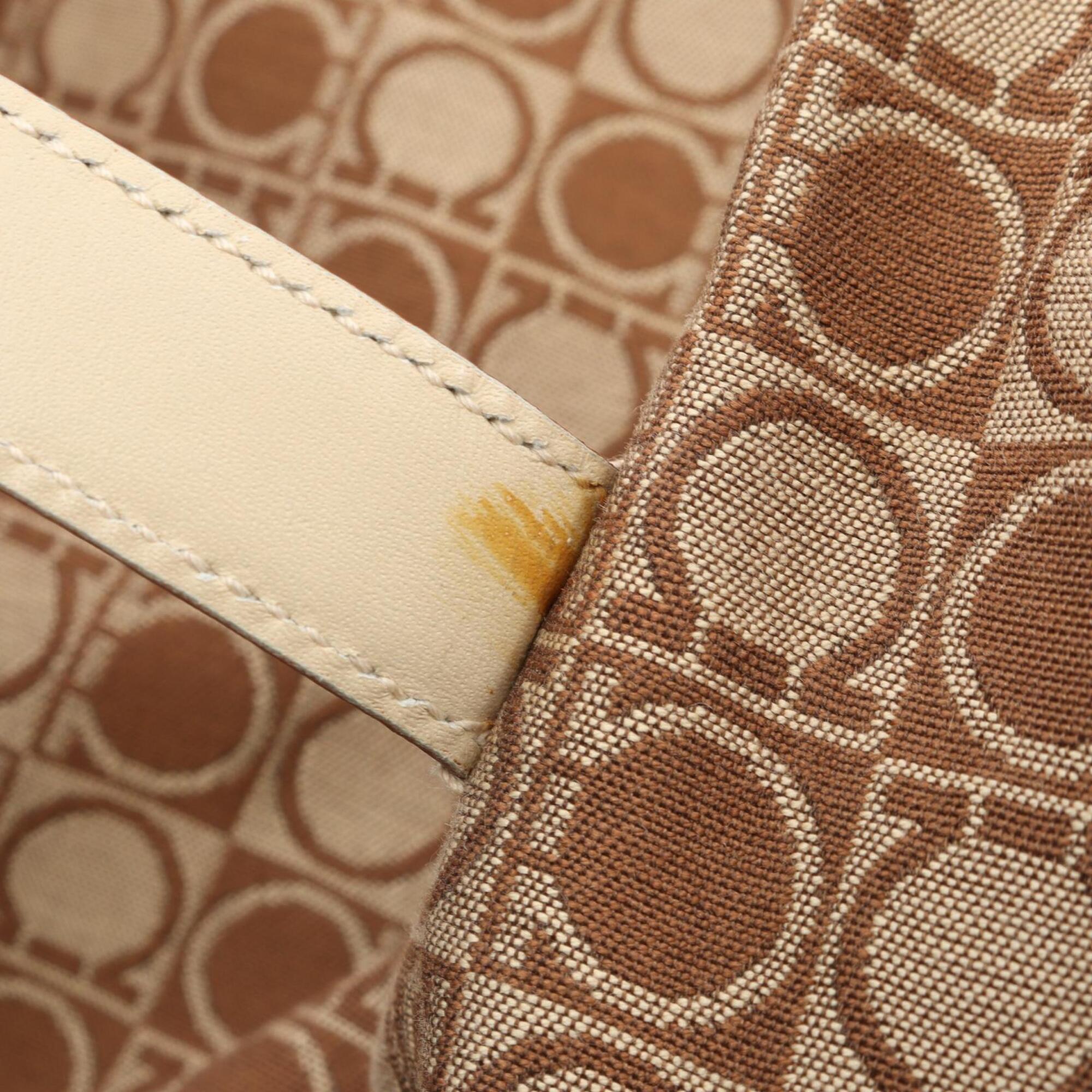 Salvatore Ferragamo Beige White Canvas Leather Handbag Tote Bag (Pre-Owned)