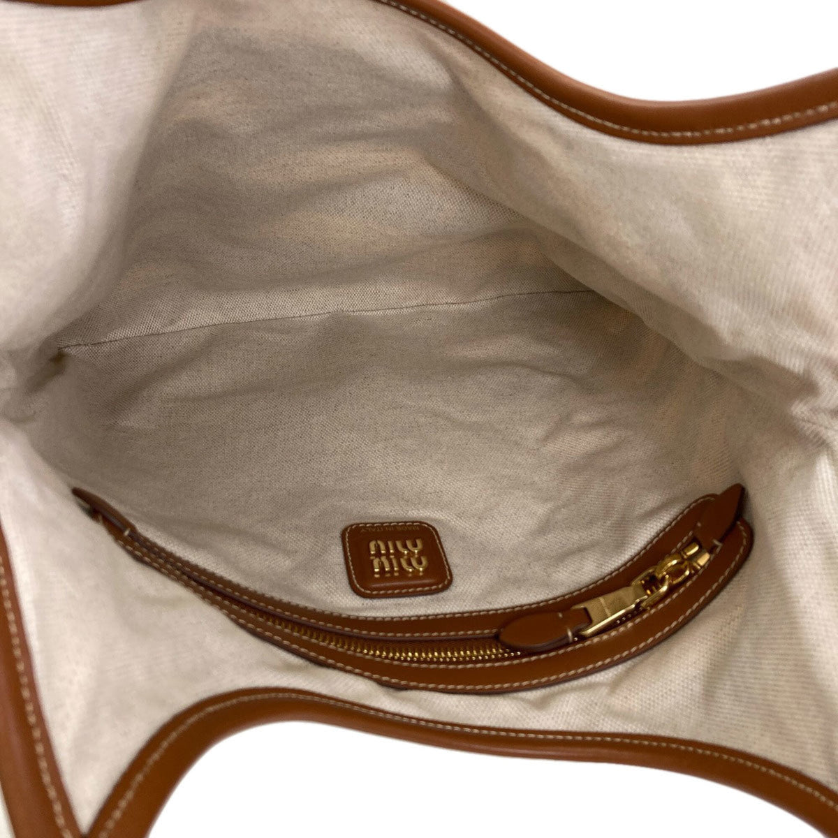Miu Miu Brown Navy White Canvas Leather Tote Bag (Pre-Owned)