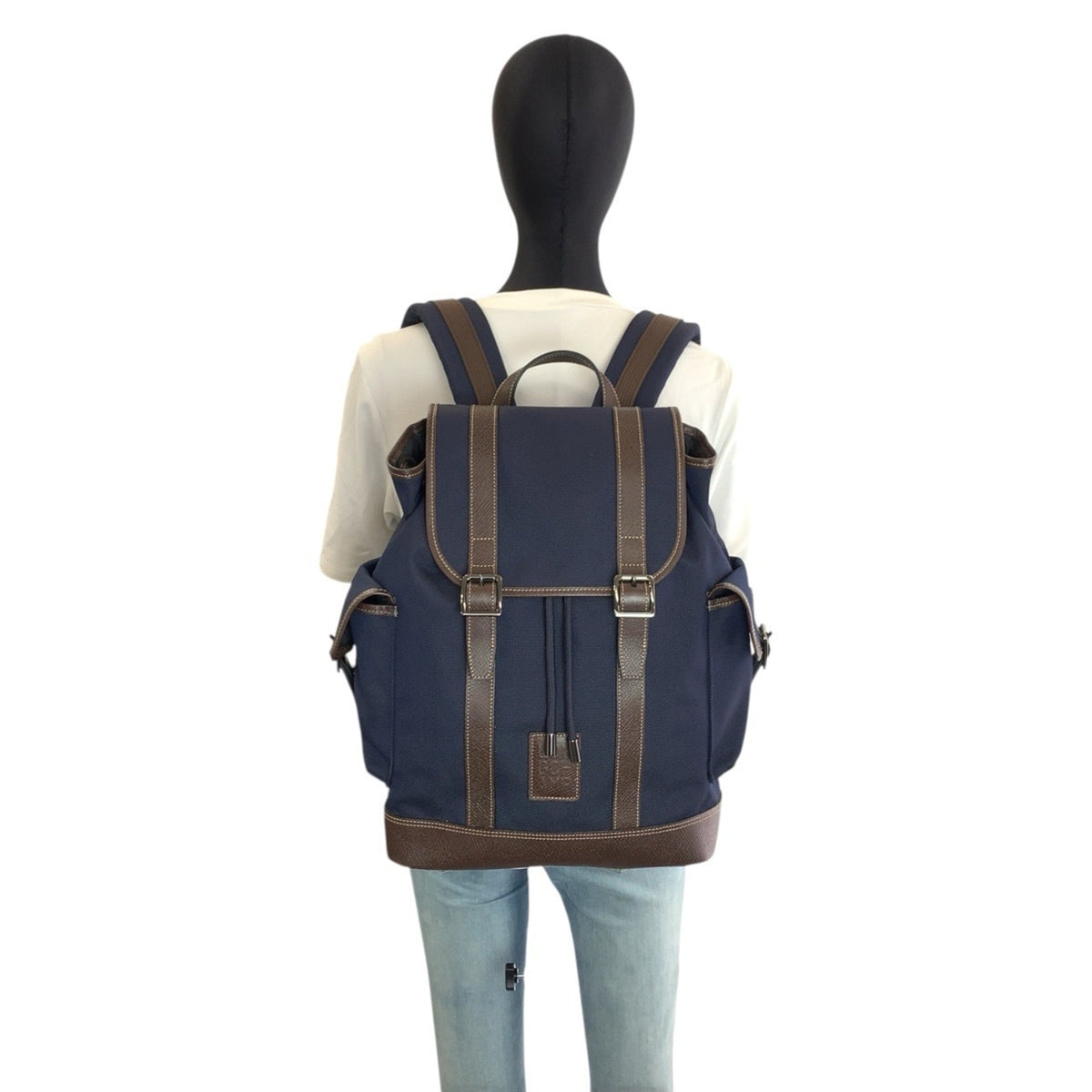 Longchamp Brown Navy Canvas Leather Backpack (Pre-Owned)