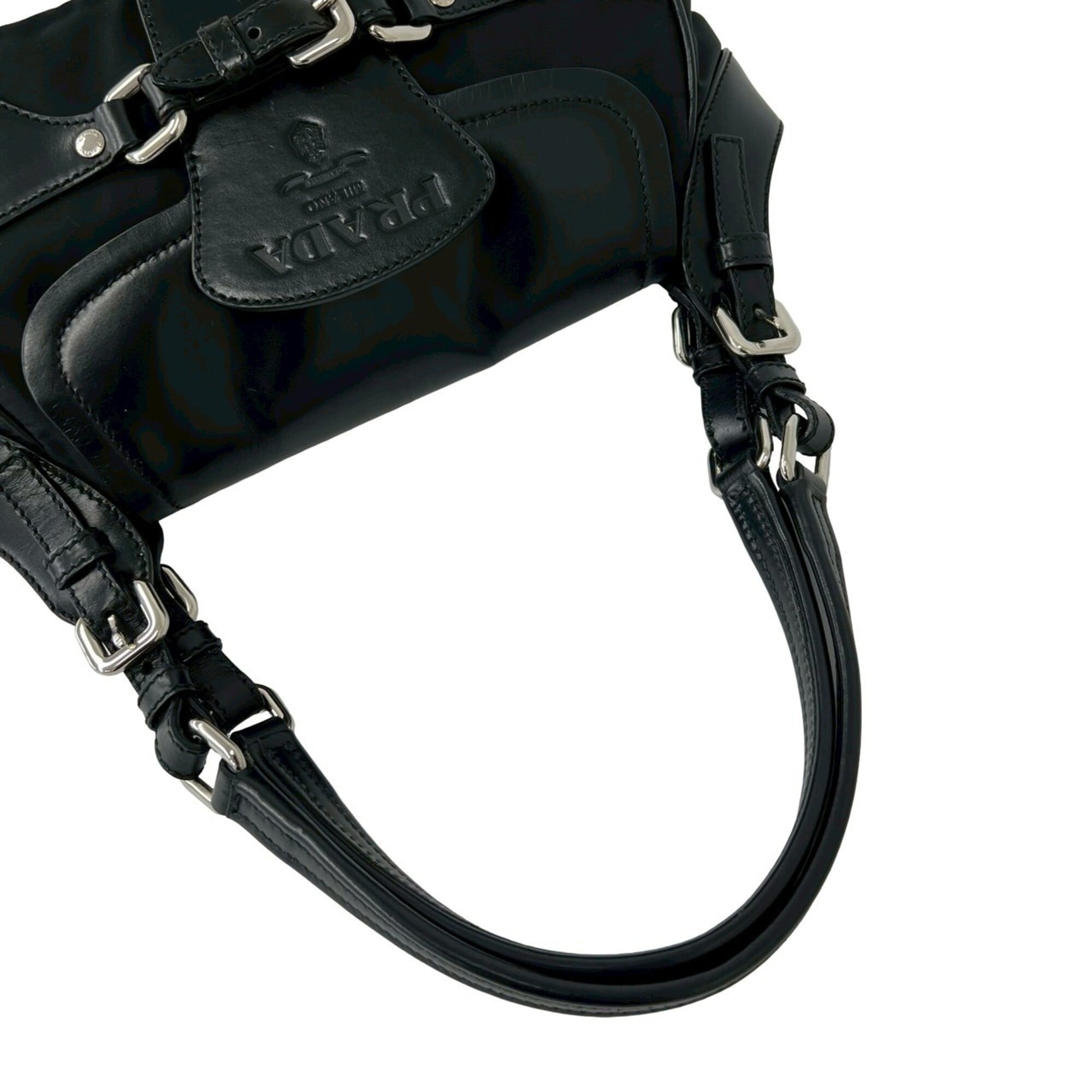 Prada Black Leather Nylon Handbag Shoulder Bag (Pre-Owned)