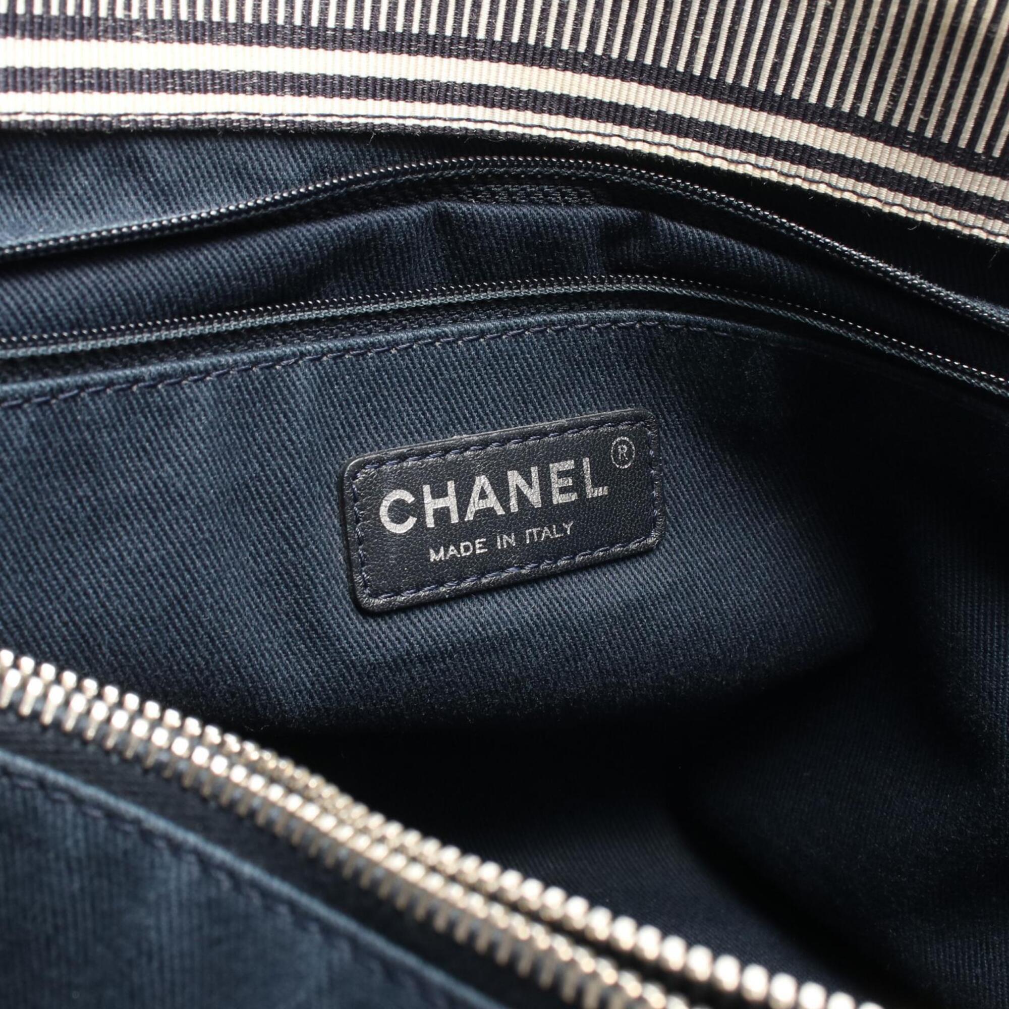 Chanel Brown Navy Denim Leather Handbag Tote Bag (Pre-Owned)