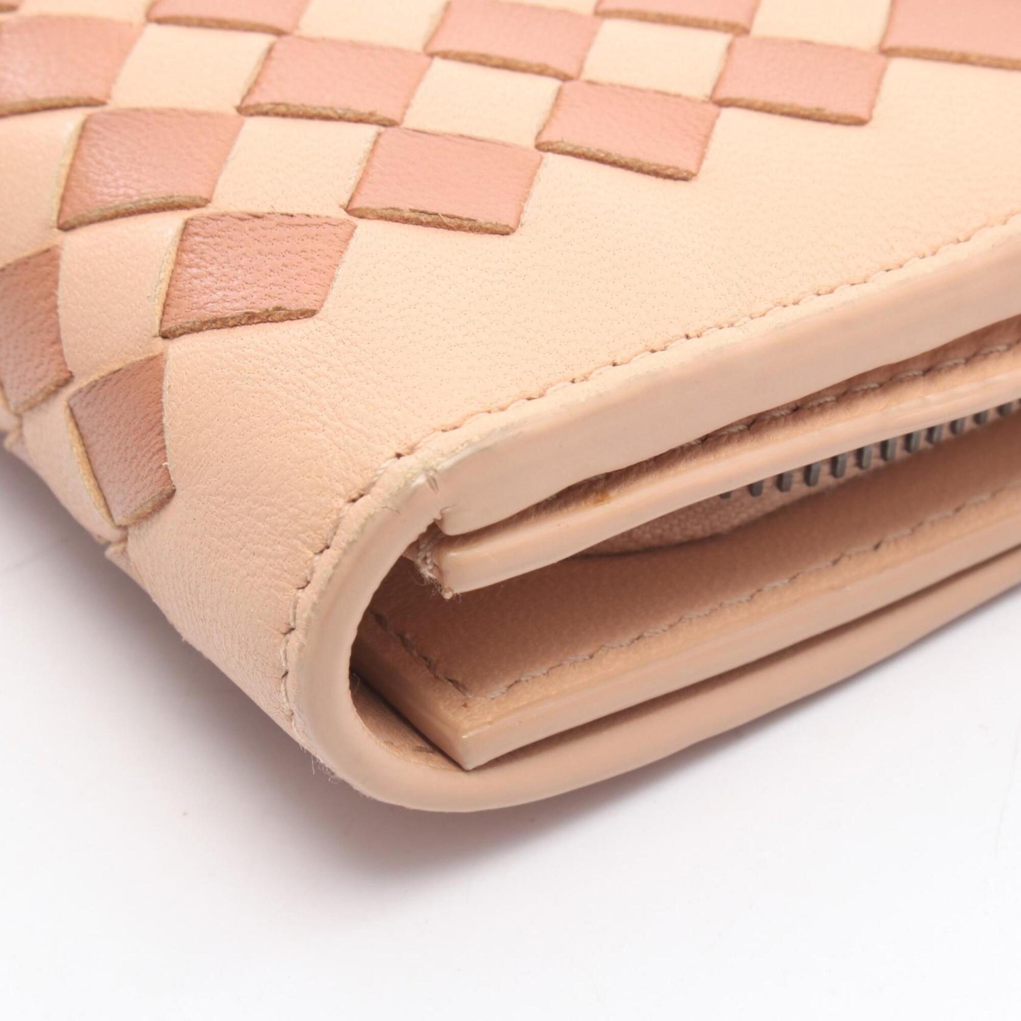 Bottega Veneta Intrecciato Brown Pink Leather Long Wallet (Bi-Fold) (Pre-Owned)
