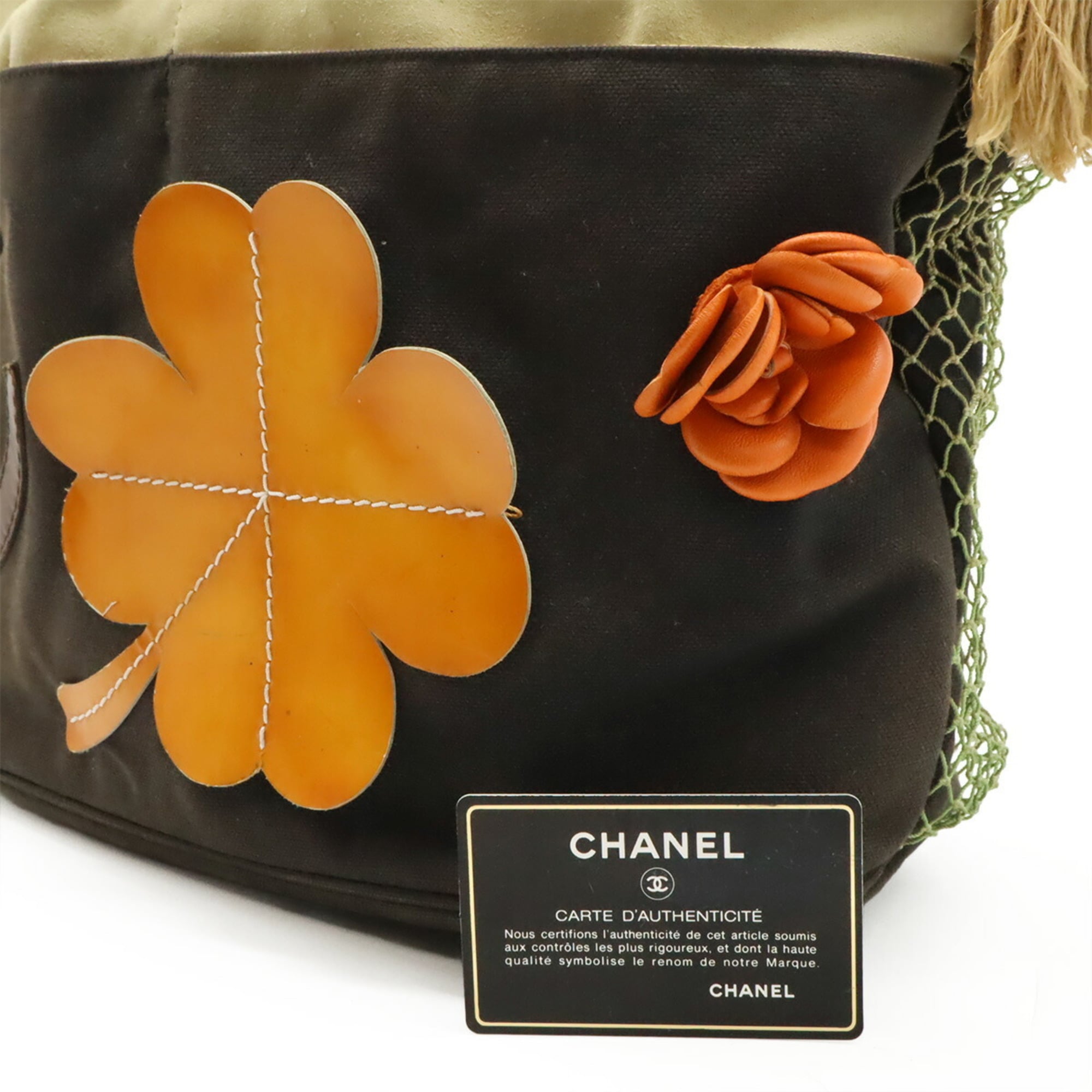 Chanel Beige Black Canvas Leather Wood Handbag Tote Bag (Pre-Owned)