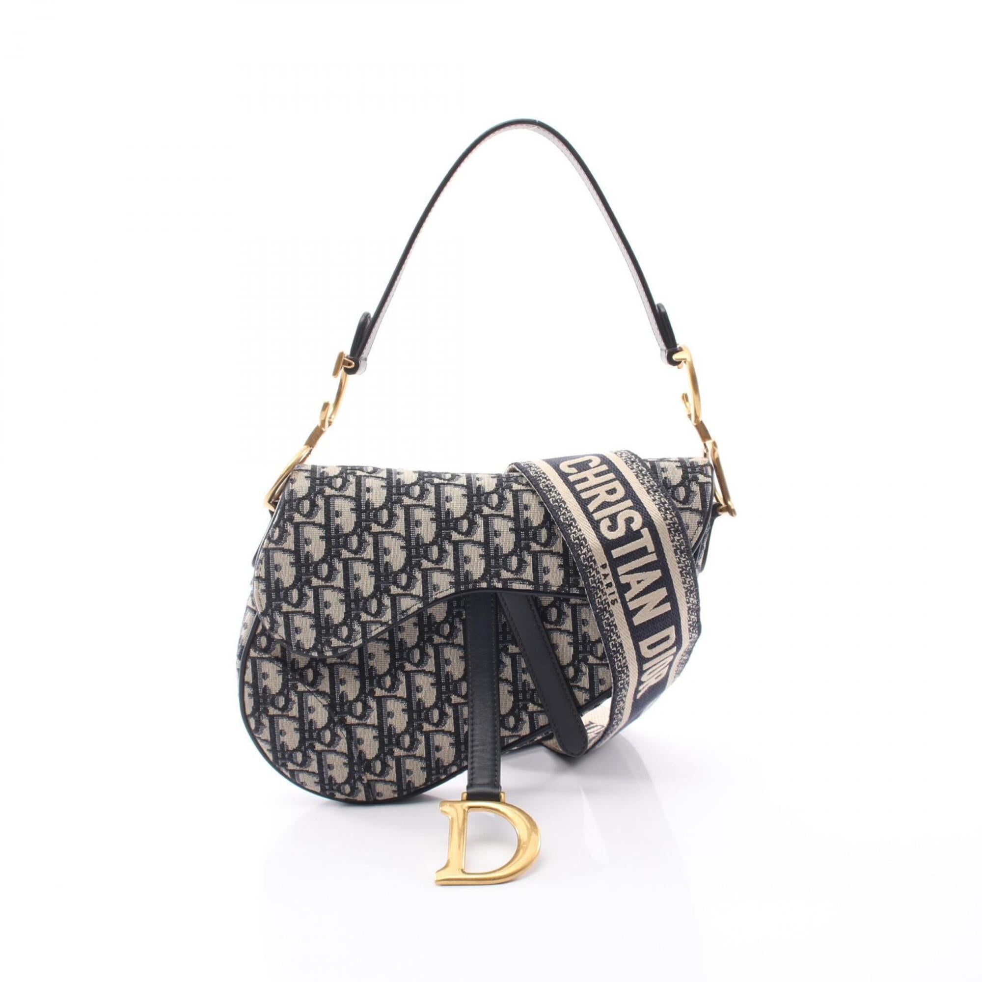 Christian Dior Beige Navy Canvas Leather Handbag Saddle Bag (Pre-Owned)