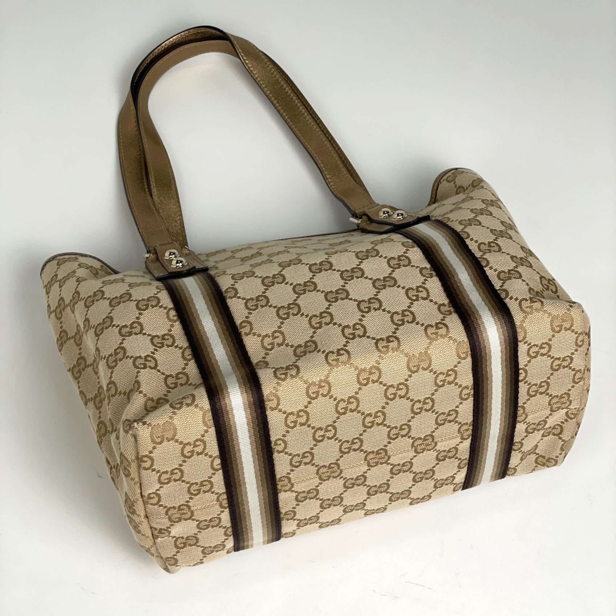 Gucci Beige Gold Gg Canvas Leather Shoulder Bag Tote Bag (Pre-Owned)