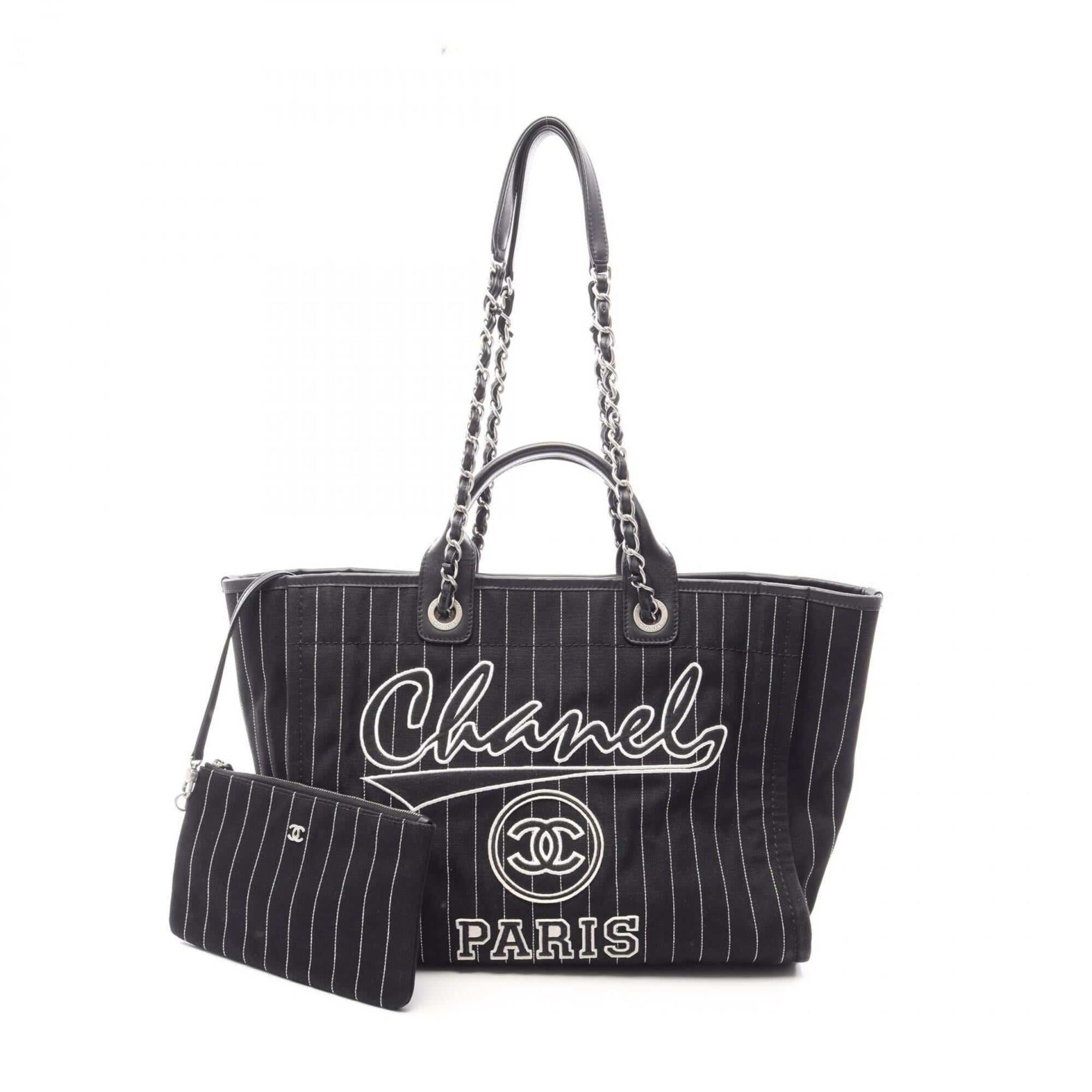 Chanel Black White Canvas Leather Handbag Pouch Tote Bag (Pre-Owned)