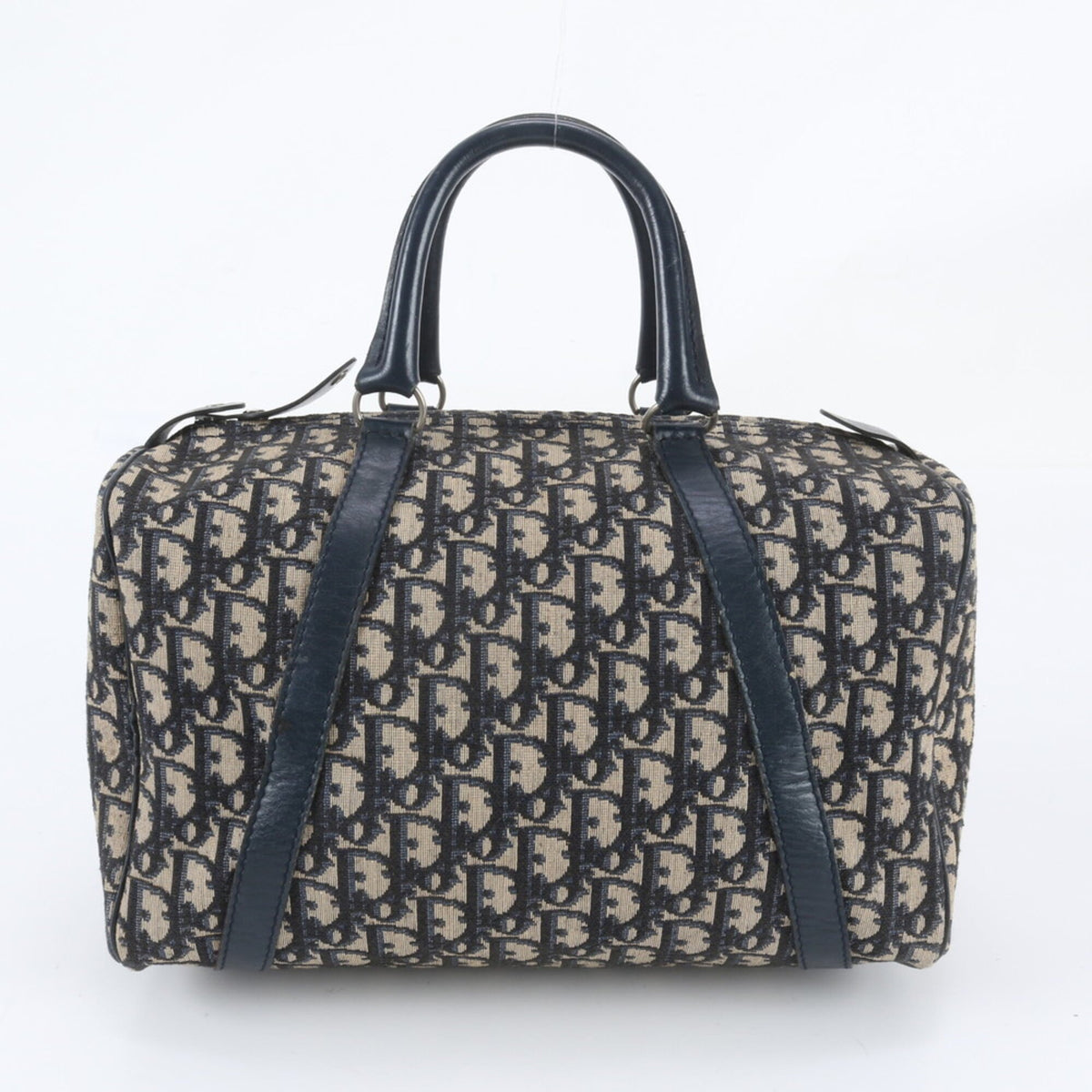 Christian Dior Navy Leather Canvas Boston Bag Handbag Tote Bag (Pre-Owned)
