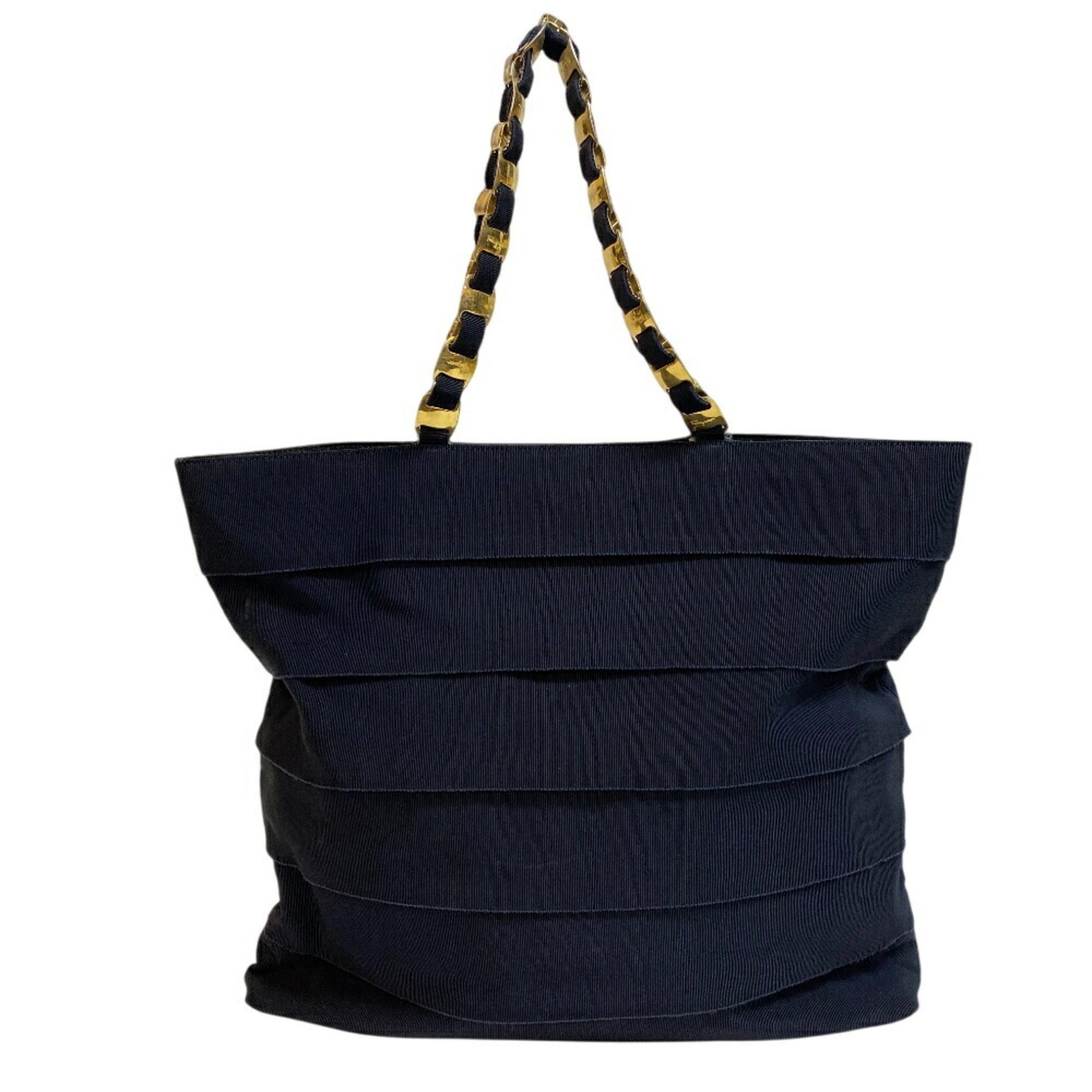 Salvatore Ferragamo Gold Navy Canvas Leather Tote Bag (Pre-Owned)