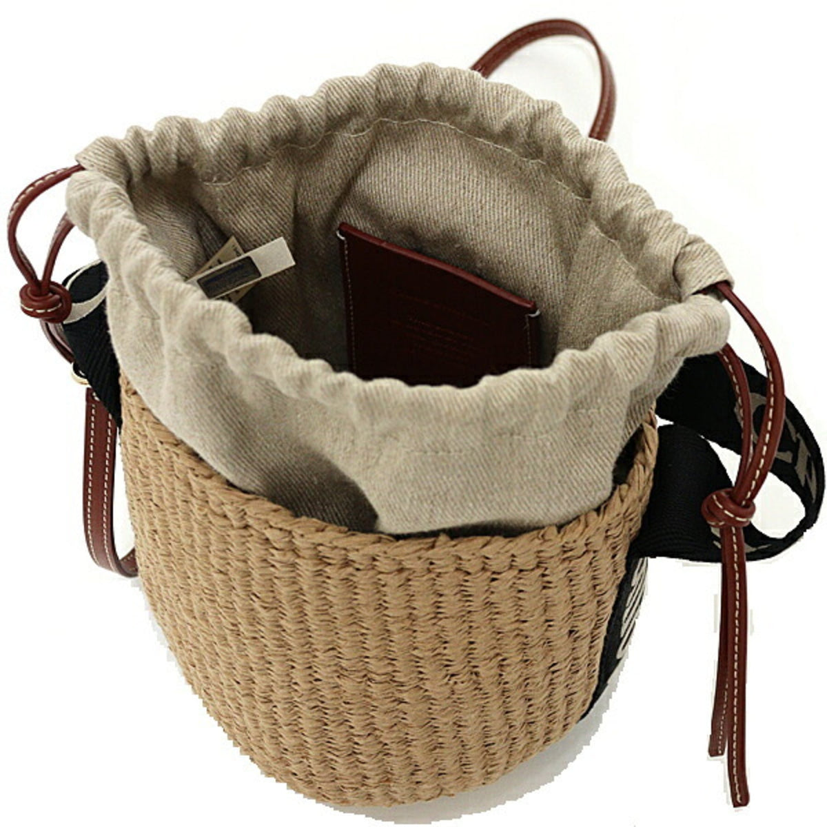 Chloé Beige Black Leather Linen Paper Polyester Basket Shoulder Bag (Pre-Owned)