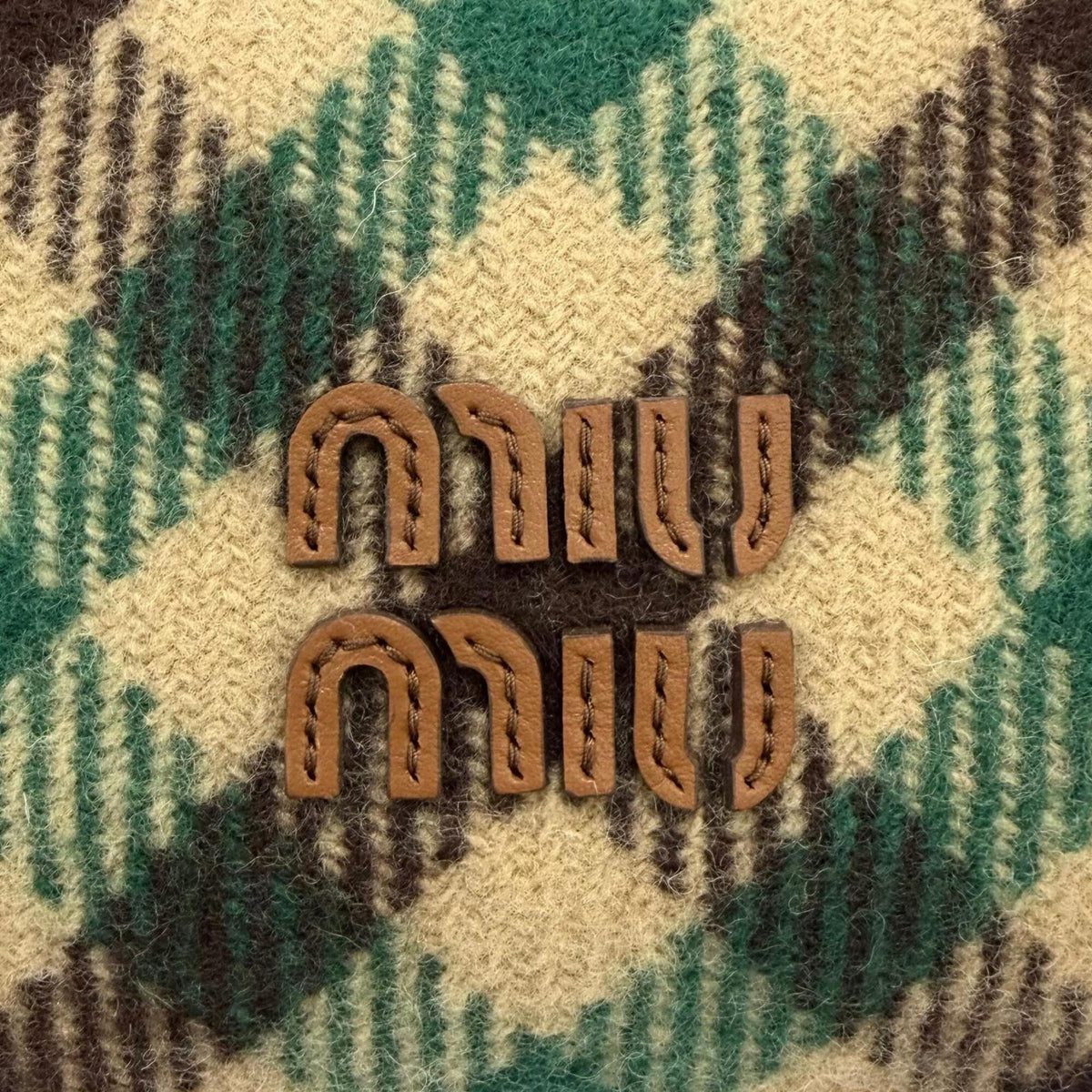 Miu Miu Brown Green Wool Cotton Leather Handbag Pouch (Pre-Owned)