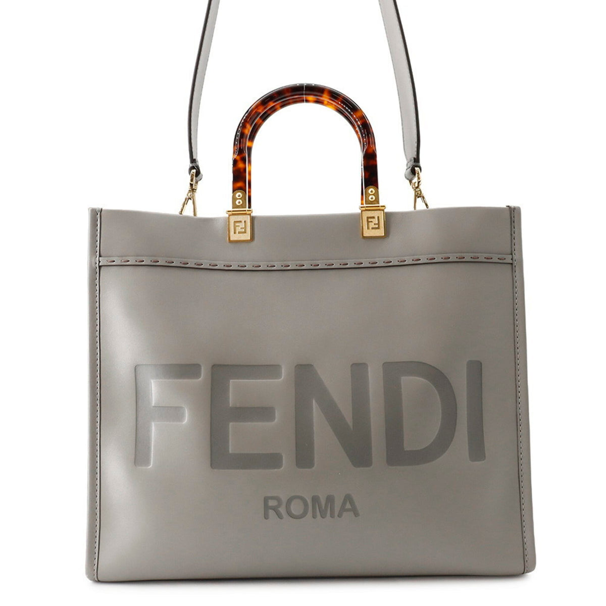Fendi Gray Leather Handbag Shoulder Bag Tote Bag (Pre-Owned)