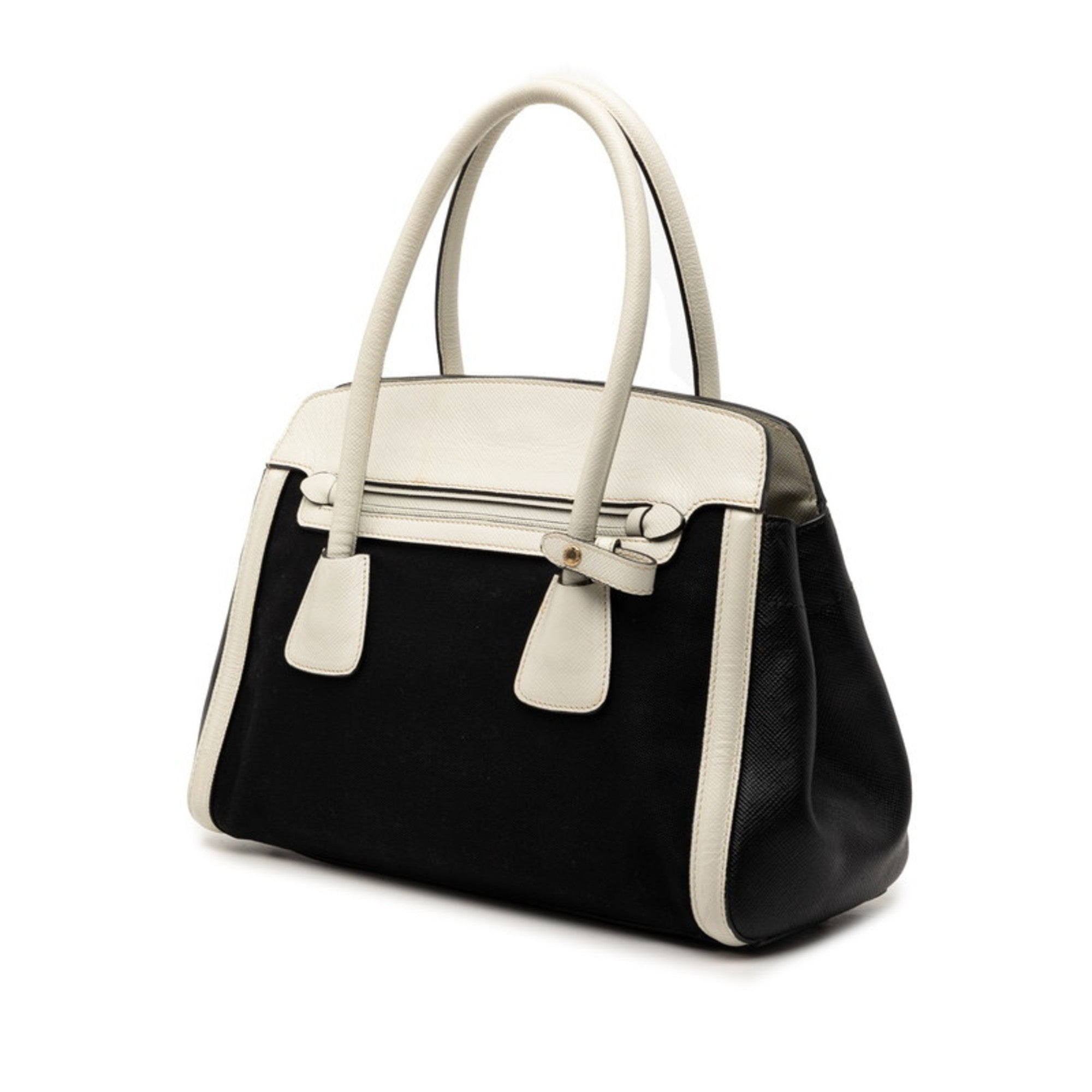 Prada Black White Canvas Leather Handbag (Pre-Owned)