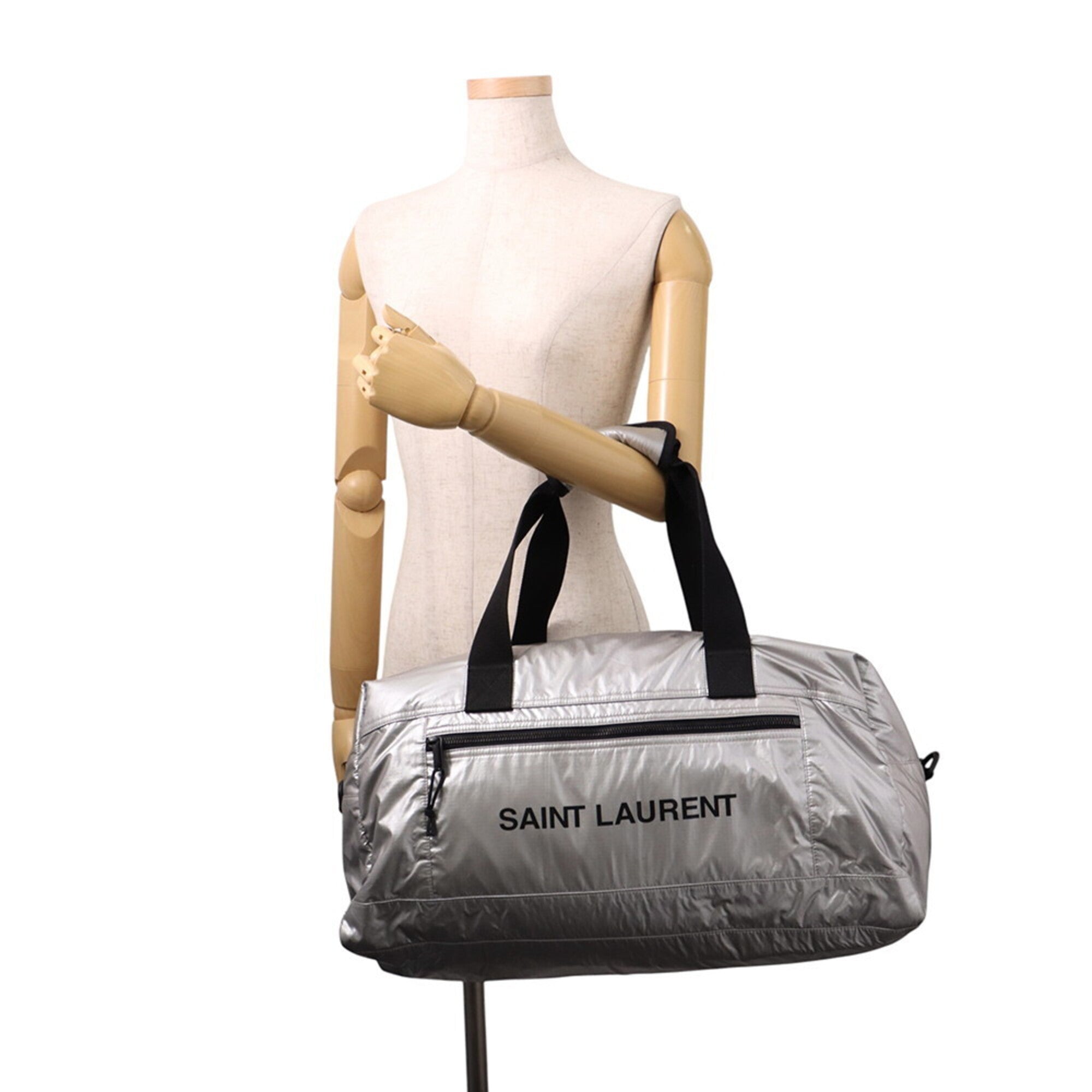 Saint Laurent Black Silver Nylon Canvas Boston Bag (Pre-Owned)