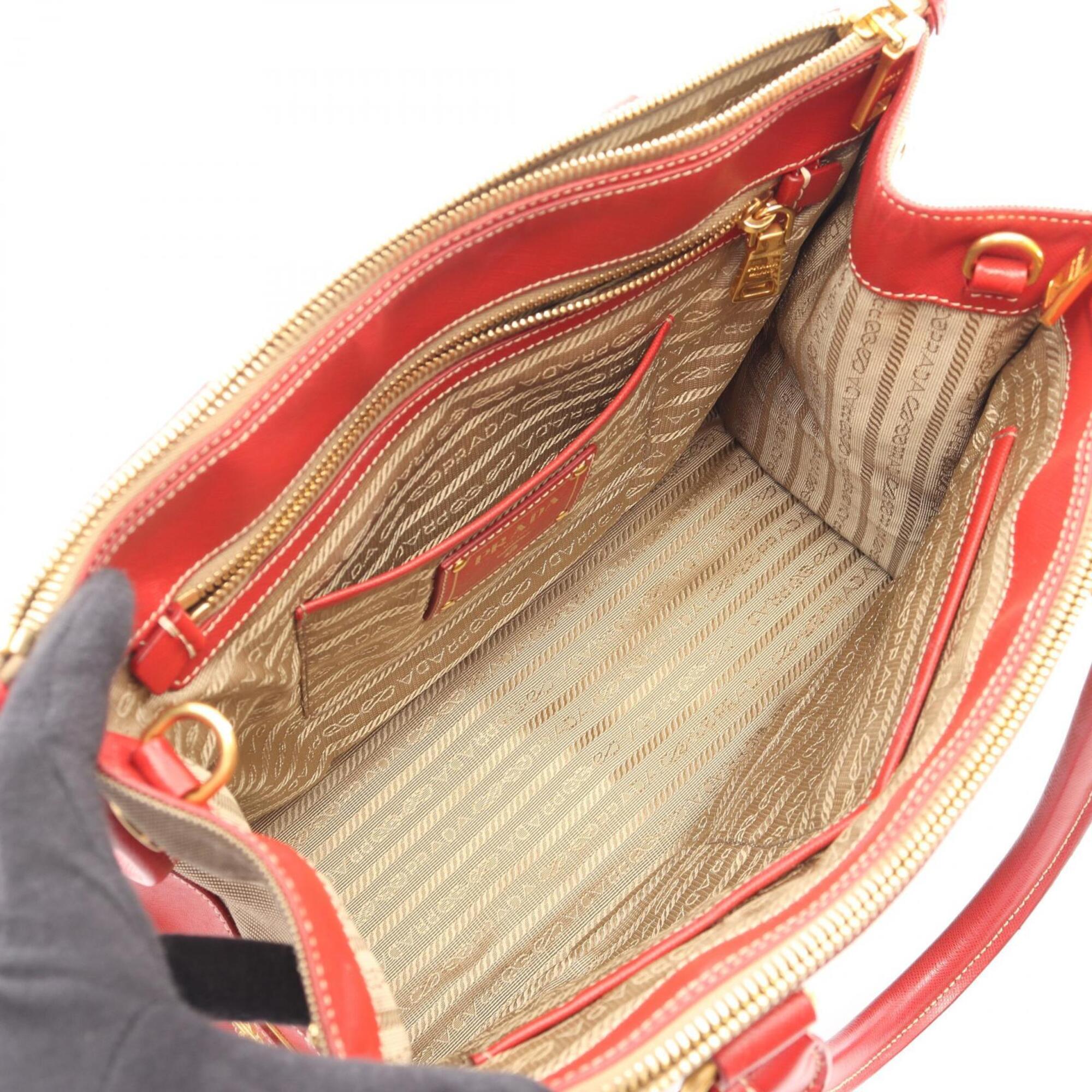 Prada Beige Red Color Canvas Leather Handbag (Pre-Owned)