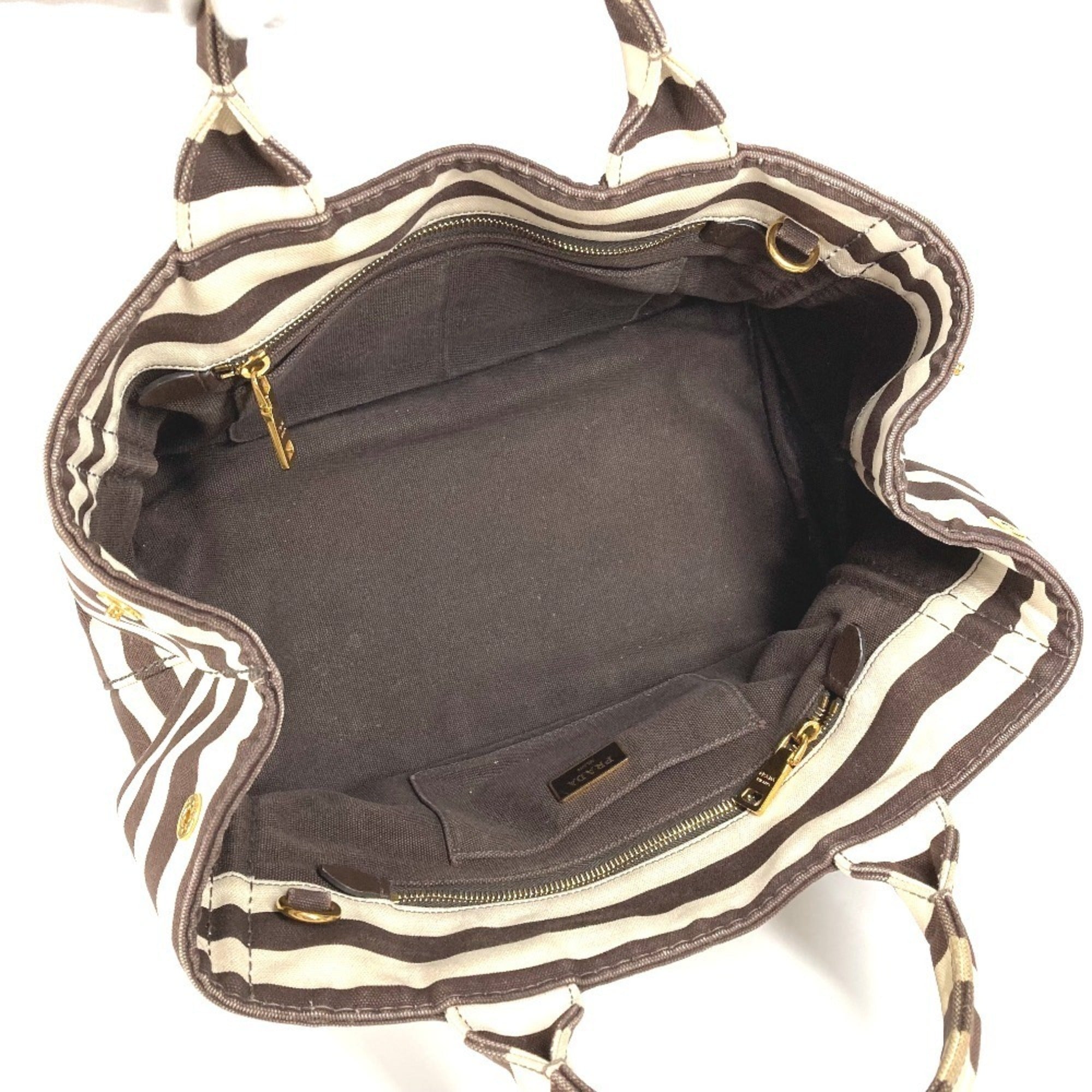 Prada Brown White Canvas Handbag Tote Bag (Pre-Owned)