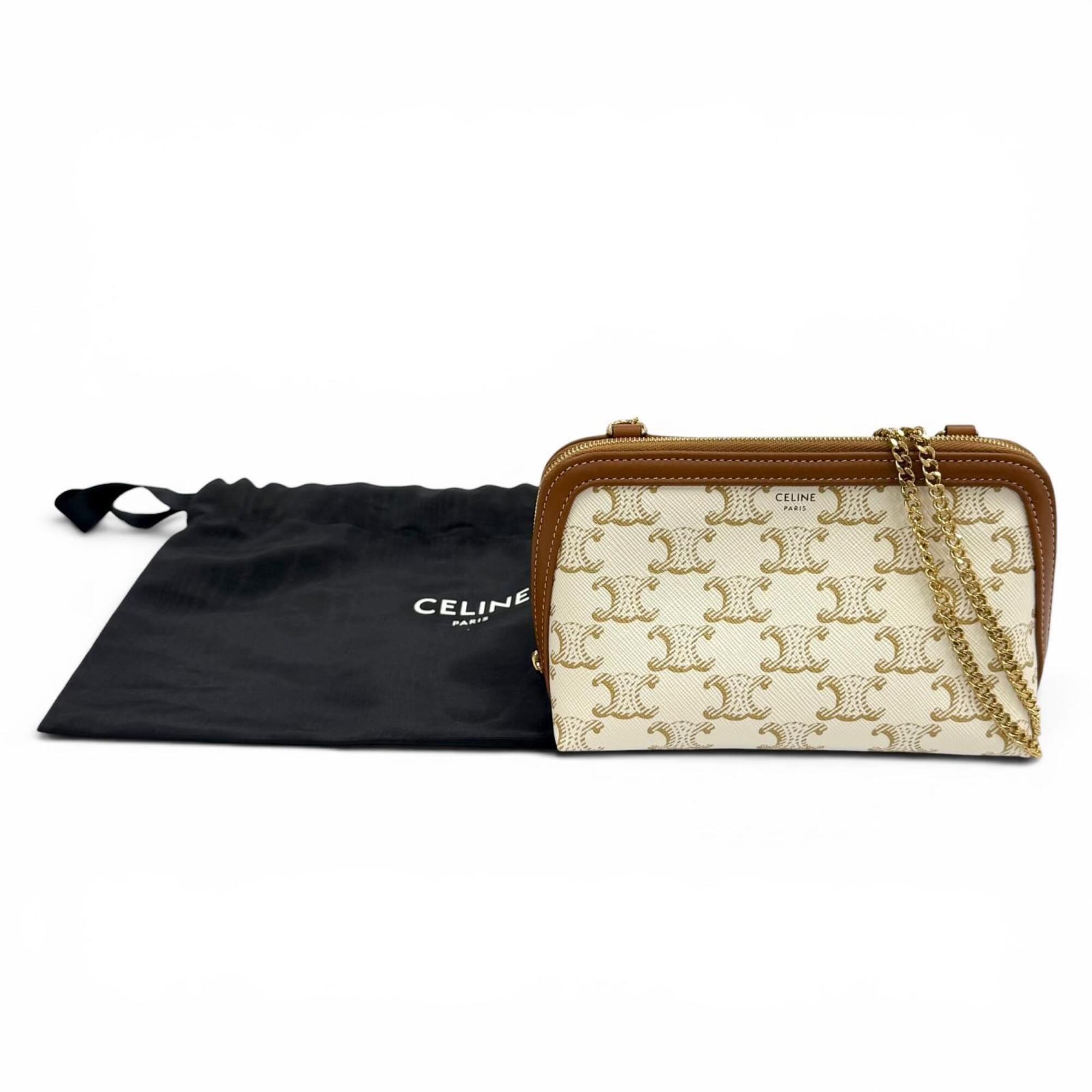 Celine Brown Off-White Canvas Clutch Bag Shoulder Bag (Pre-Owned)