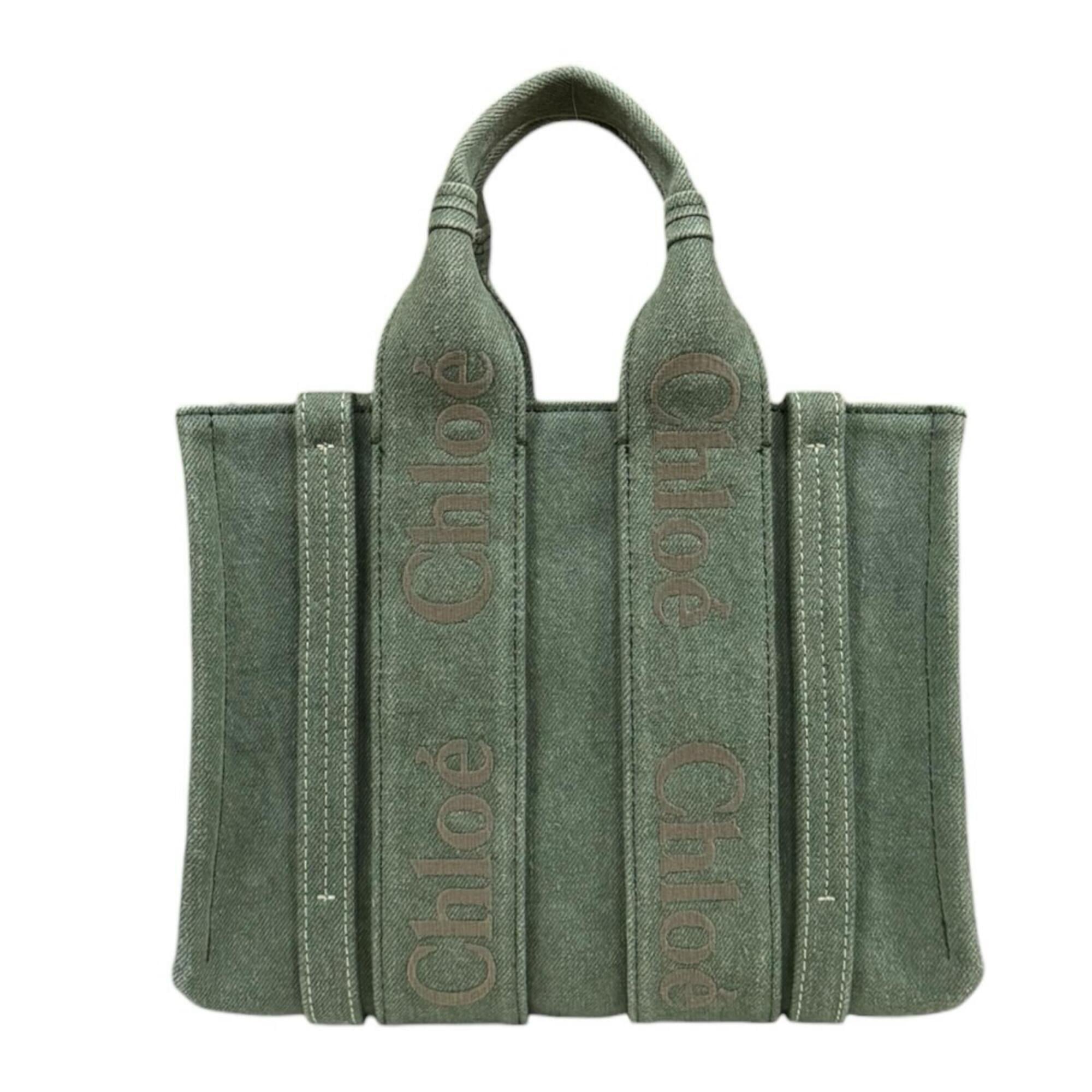 Chloé Green Khaki Cotton Linen Shoulder Bag Tote Bag (Pre-Owned)