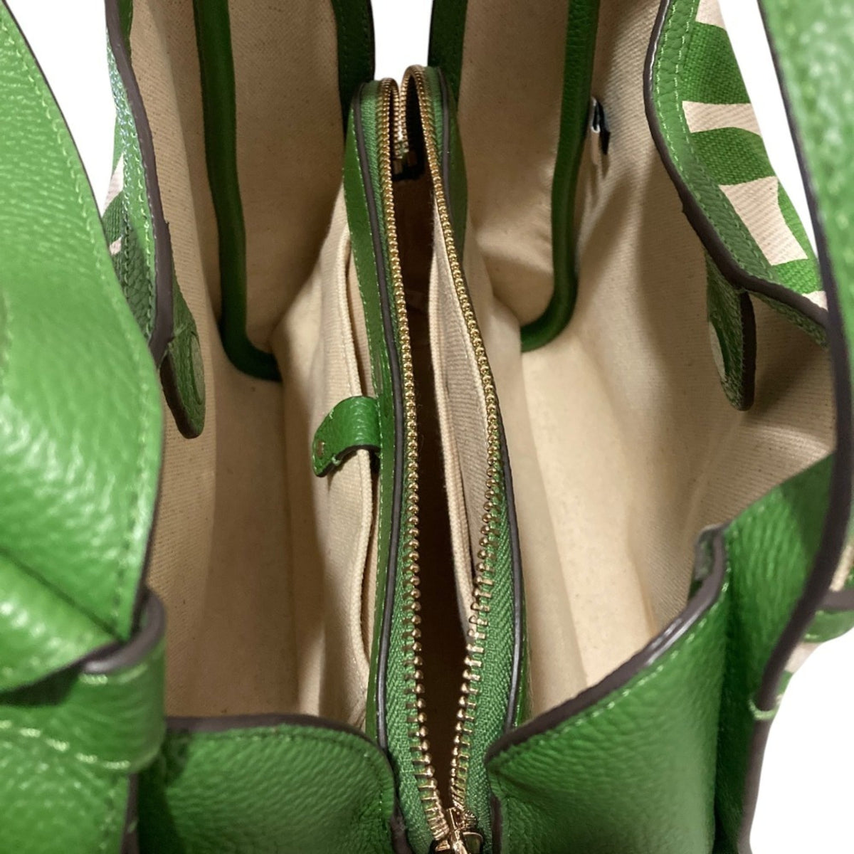 Kate Spade Green Ivory Canvas Leather Handbag Tote Bag (Pre-Owned)