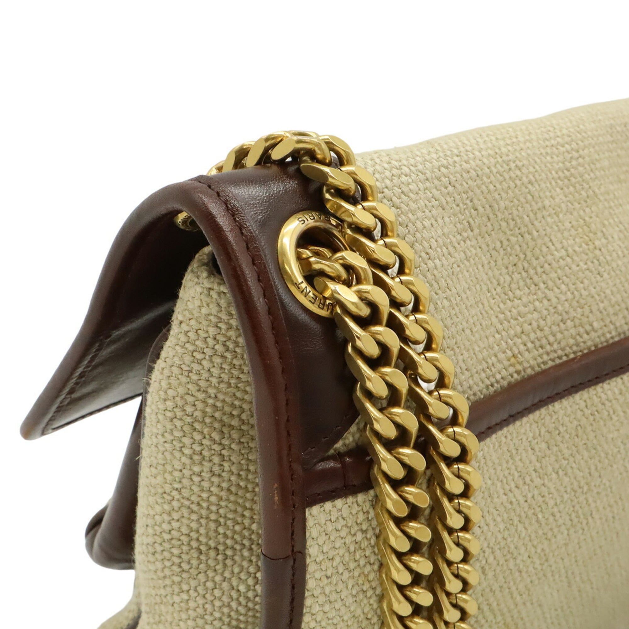 Yves Saint Laurent Beige Dark Brown Linen Leather Shoulder Bag (Pre-Owned)