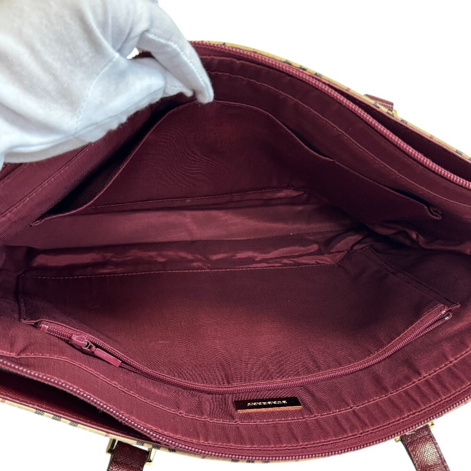 Burberry Beige Bordeaux Canvas Leather Shoulder Bag Tote Bag (Pre-Owned)