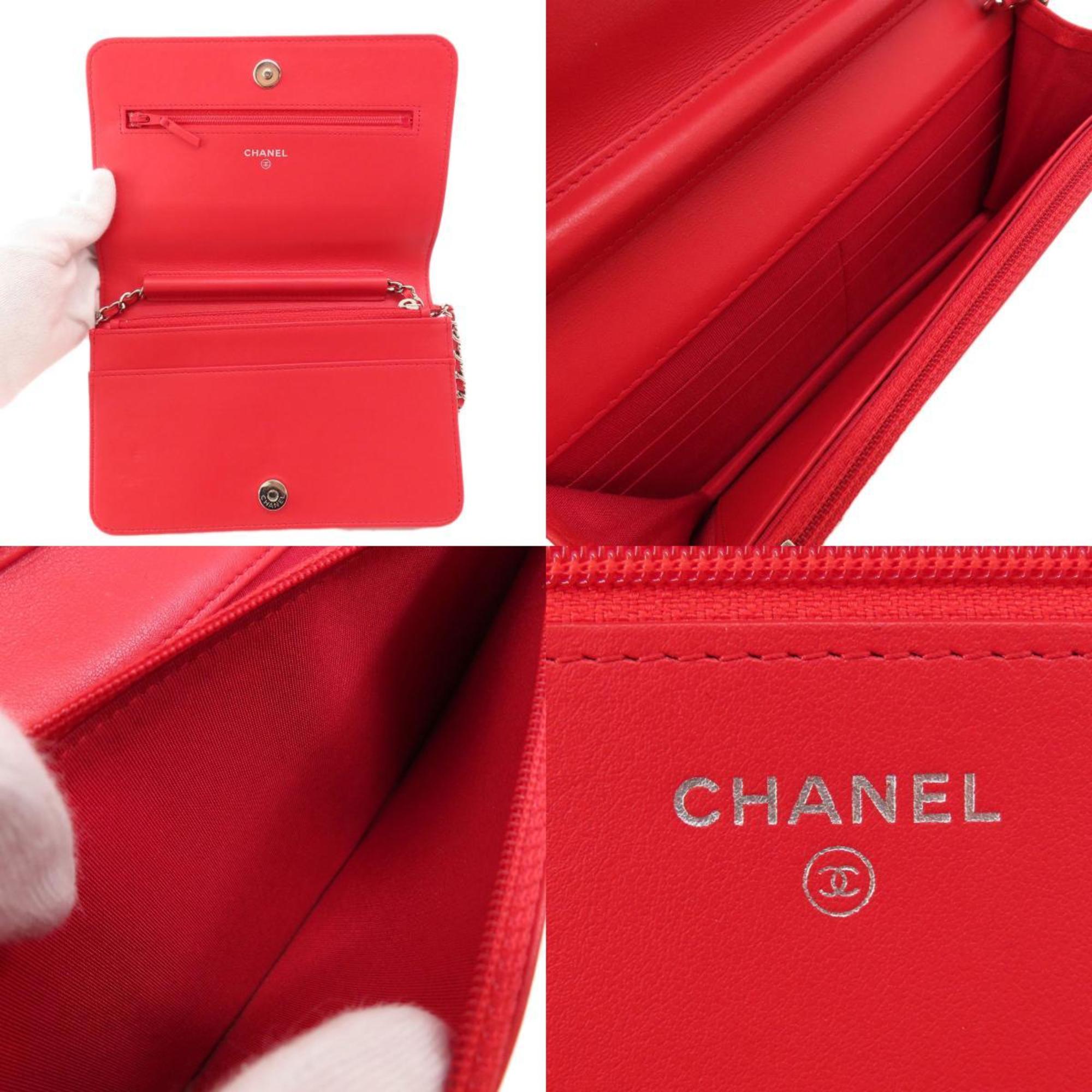 Chanel Red Color Leather Chain/Shoulder Wallet (Pre-Owned)