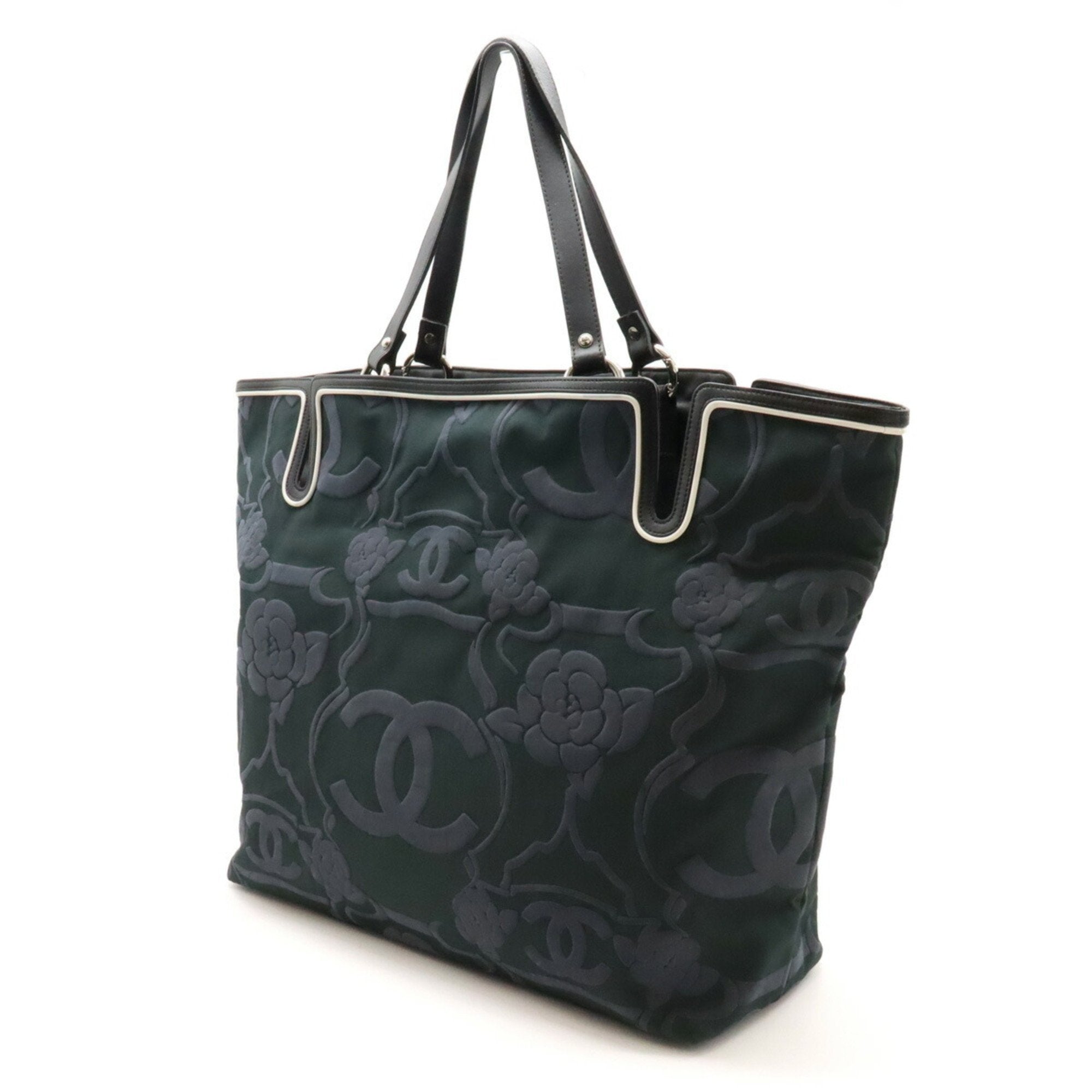 Chanel Black Navy Canvas Leather Shoulder Bag Tote Bag (Pre-Owned)