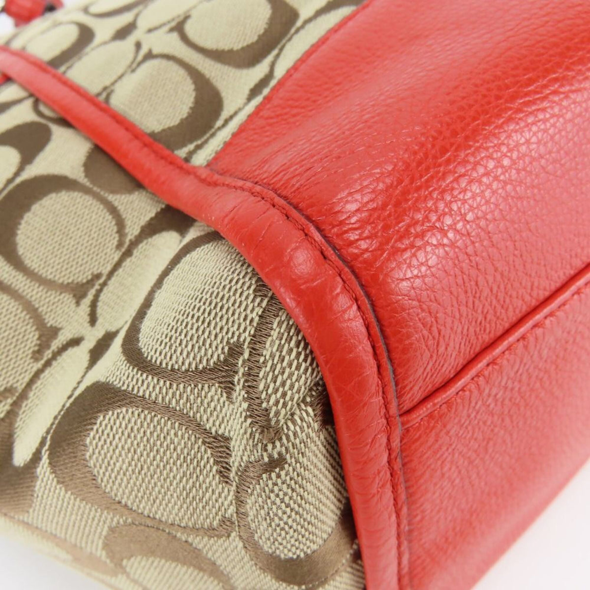 Coach Beige Red Color Canvas Leather Tote Bag (Pre-Owned)