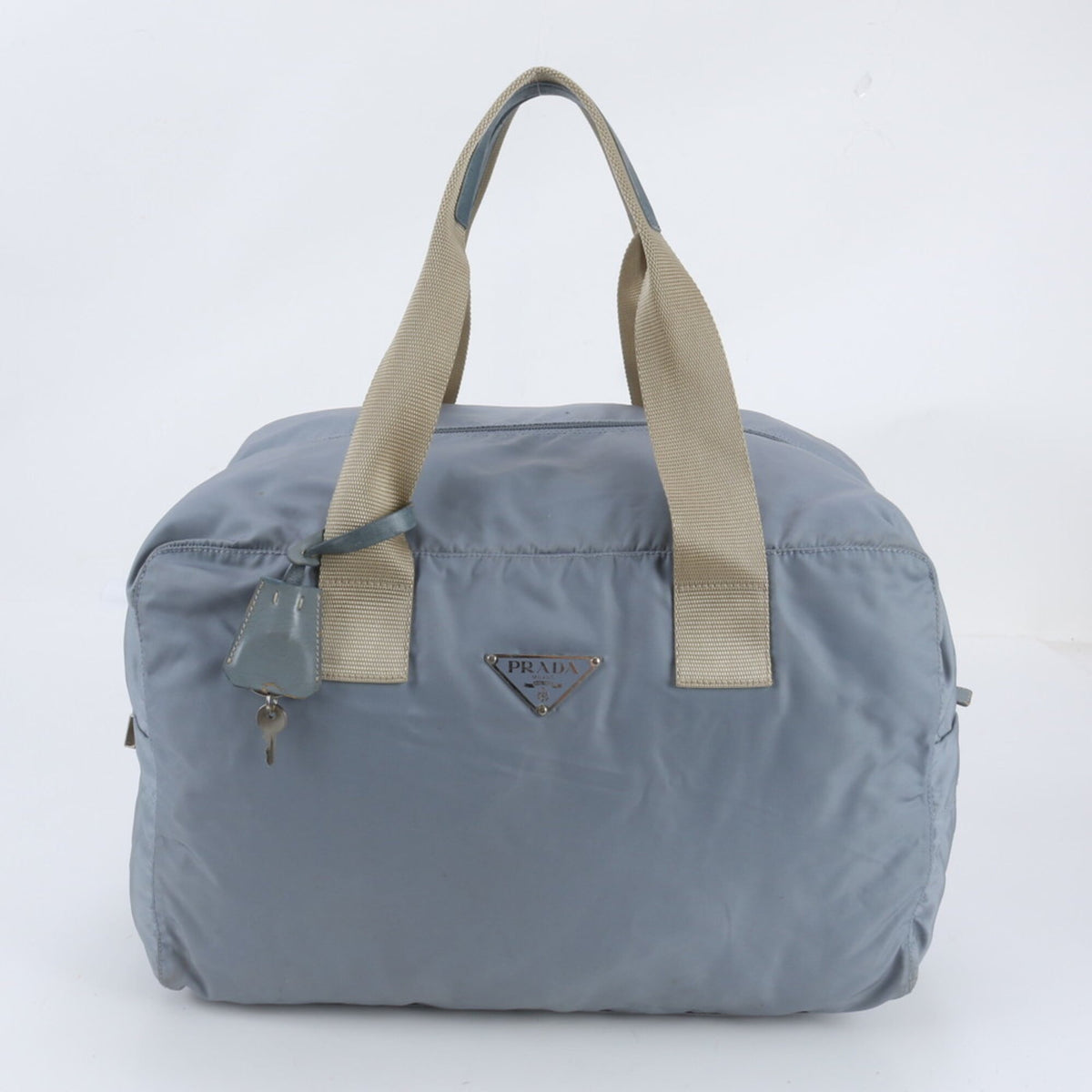 Prada Blue Leather Nylon Boston Bag Tote Bag (Pre-Owned)