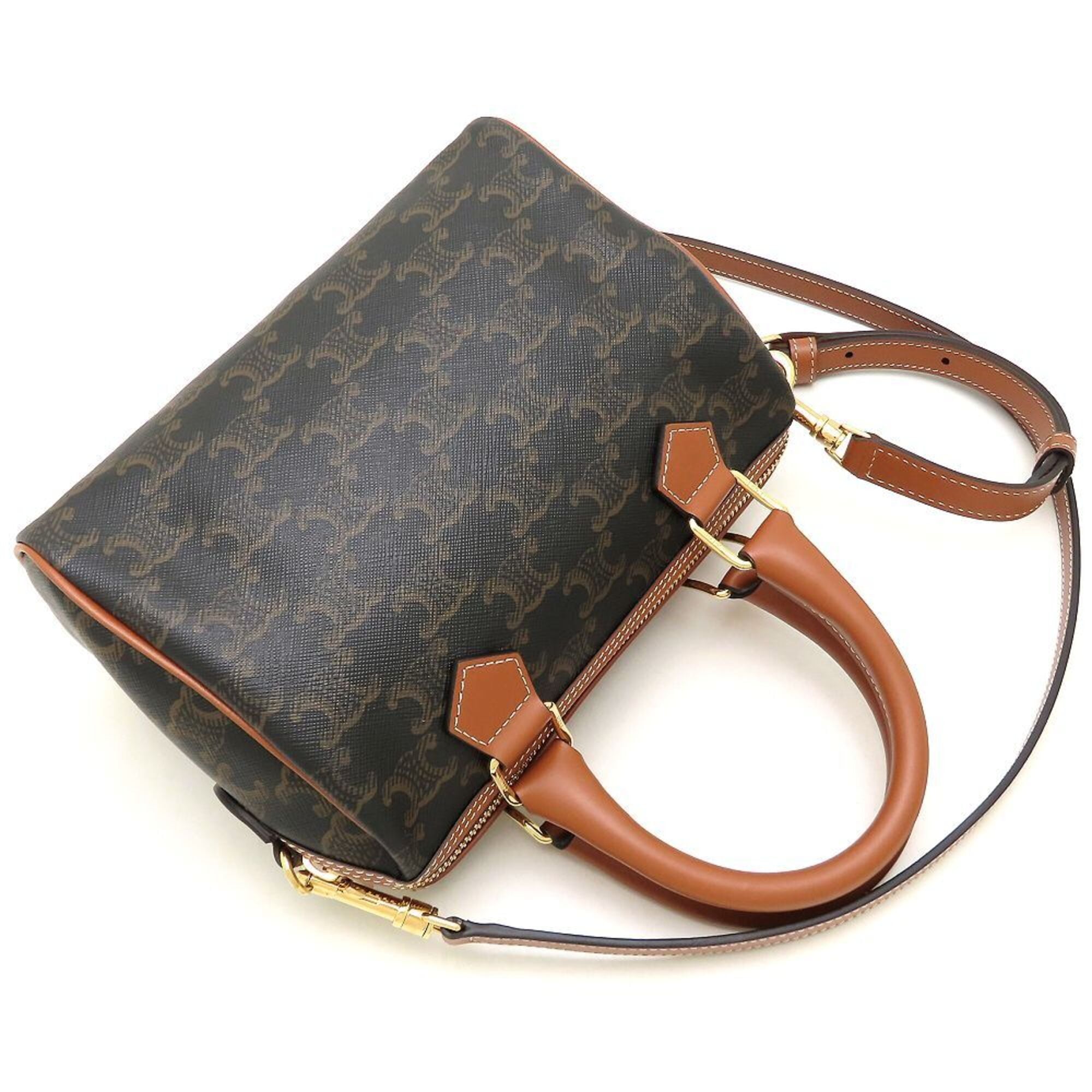 Celine Brown Leather Canvas Boston Bag Handbag (Pre-Owned)