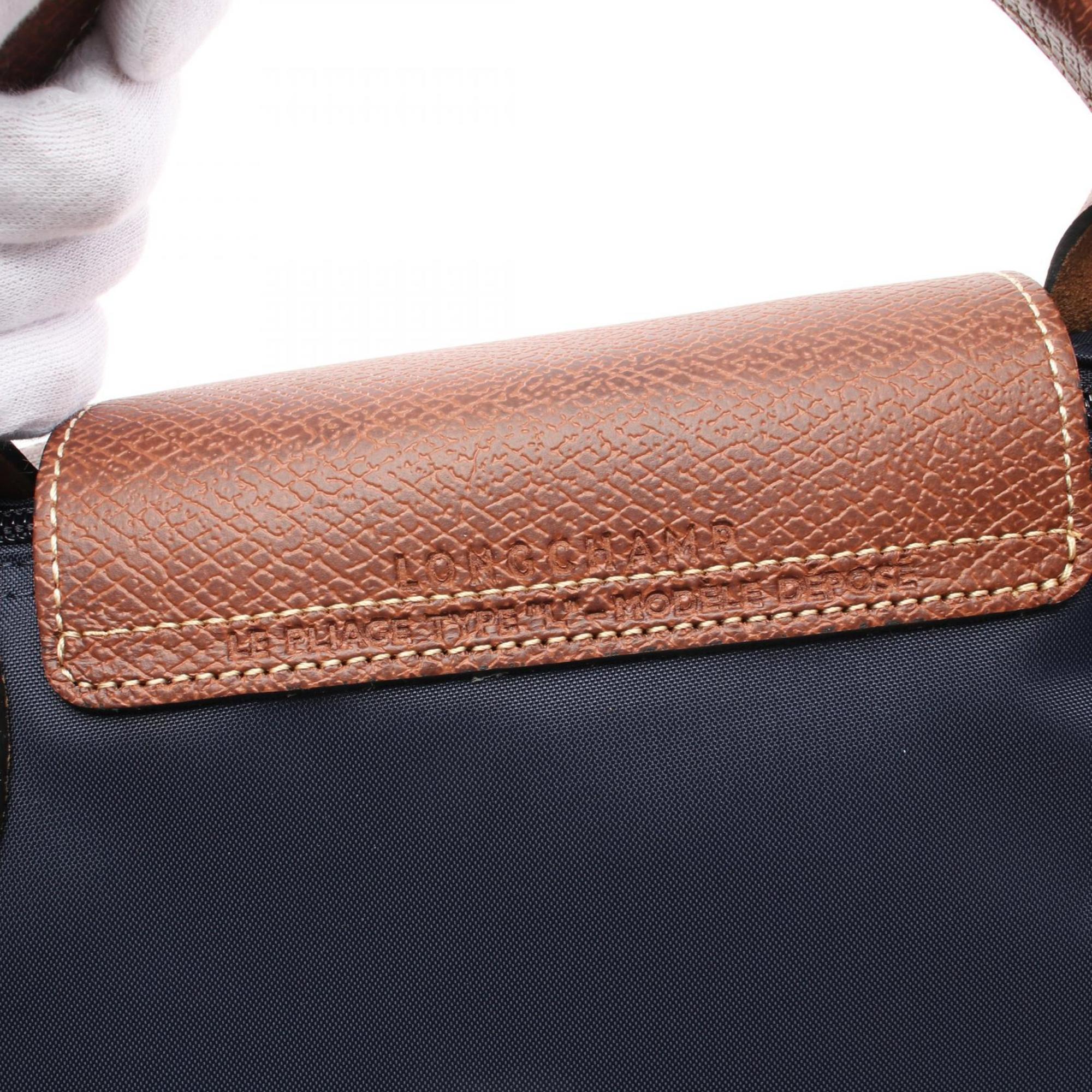 Longchamp Brown Navy Nylon Leather Tote Bag