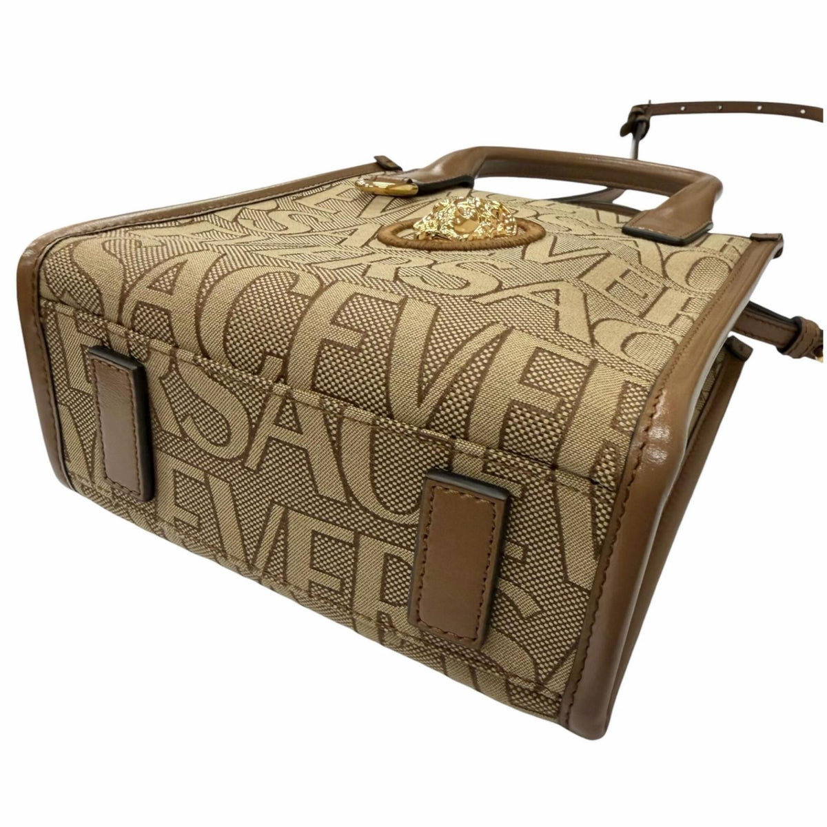Versace Beige Brown Canvas Leather Handbag Shoulder Bag (Pre-Owned)